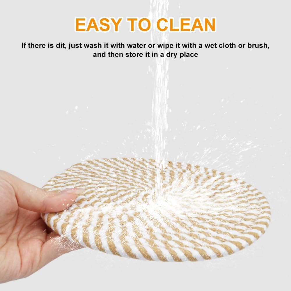 4 Pack Woven Cotton Coasters, Heat Resistant Round Drink Mats for Coffee Cups, Mugs and Dining Tables, 11 cm, Brown, White and Beige — image 3