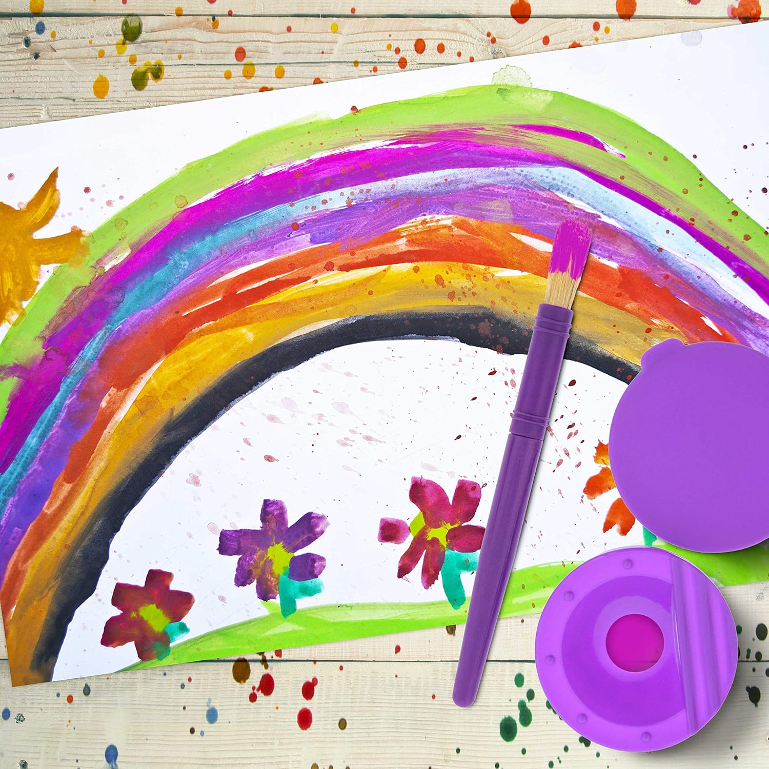 10 Piece Children's No Spill Paint Cups with Colored Lids and 10 Piece Large Round Brush Set with Plastic Handles โ image 5