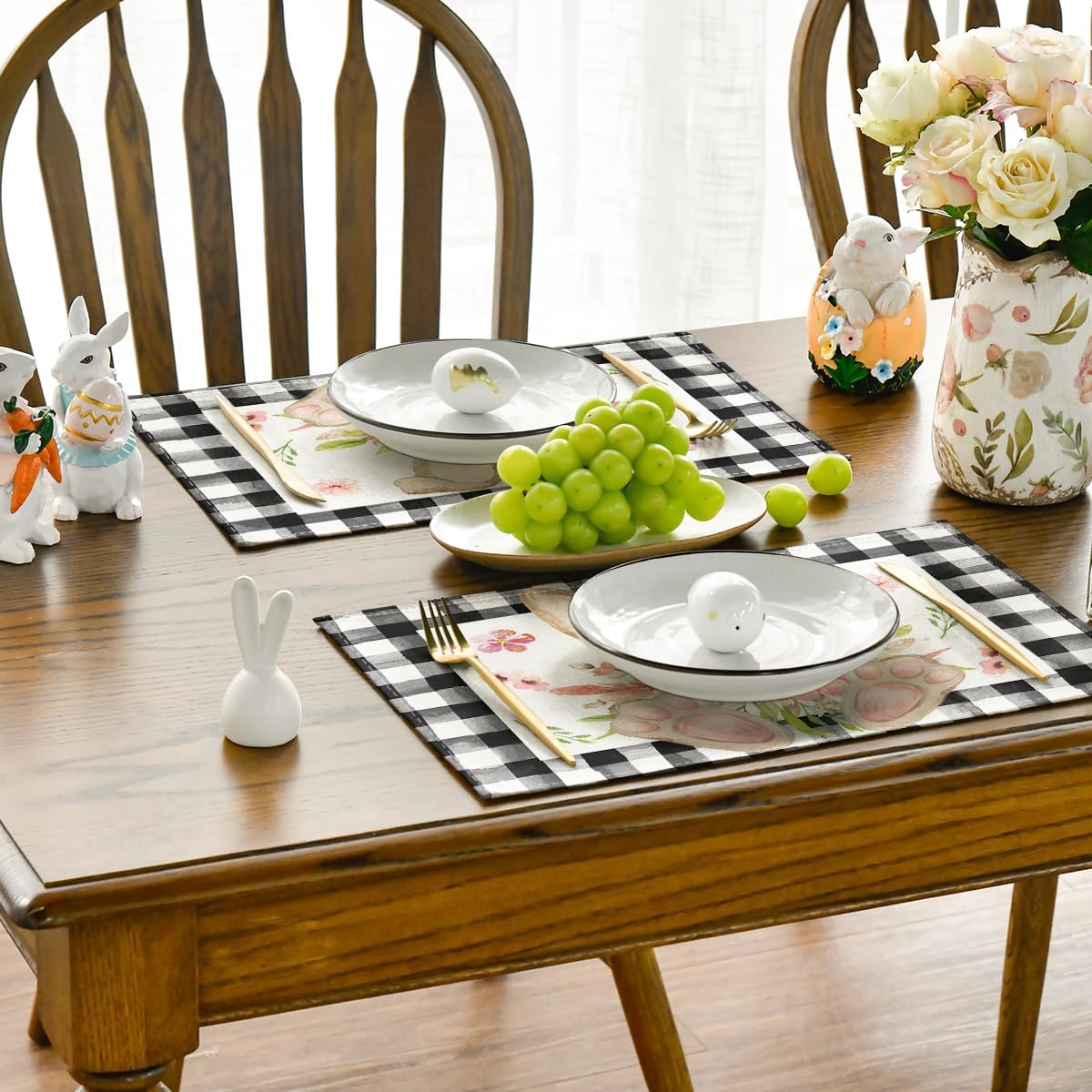 Buffalo Plaid Bunny Ear Foot Flower Easter Placemats Set of 4, 12 × 18 Inch Seasonal Spring Table Mats for Party Kitchen Dining Decoration — image 5