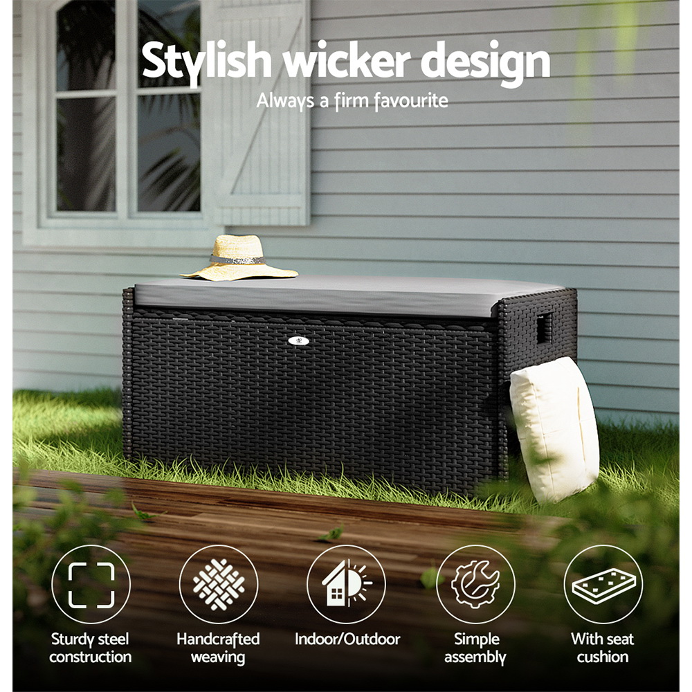 Gardeon Outdoor Storage Bench Box Wicker Garden Sheds Tools Cushion Patio Furniture Black โ image 5