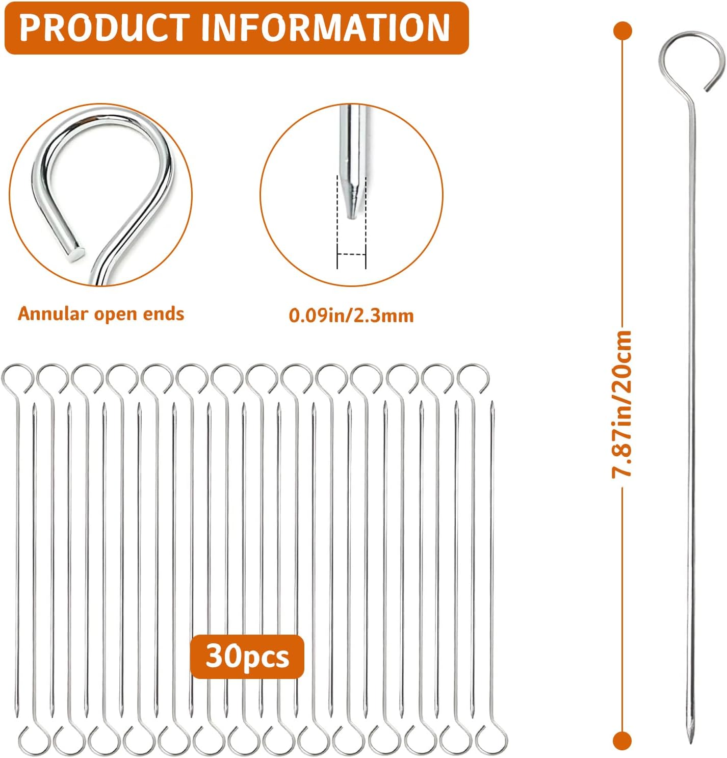 30 Pcs Kebab Skewers, 7.9 Inch Stainless Steel Barbeque Skewers with Ring-Tip Handle, Reusable BBQ Grilling Kabob Skewer for Chicken, Fruit, Vegetable, Meat — image 2