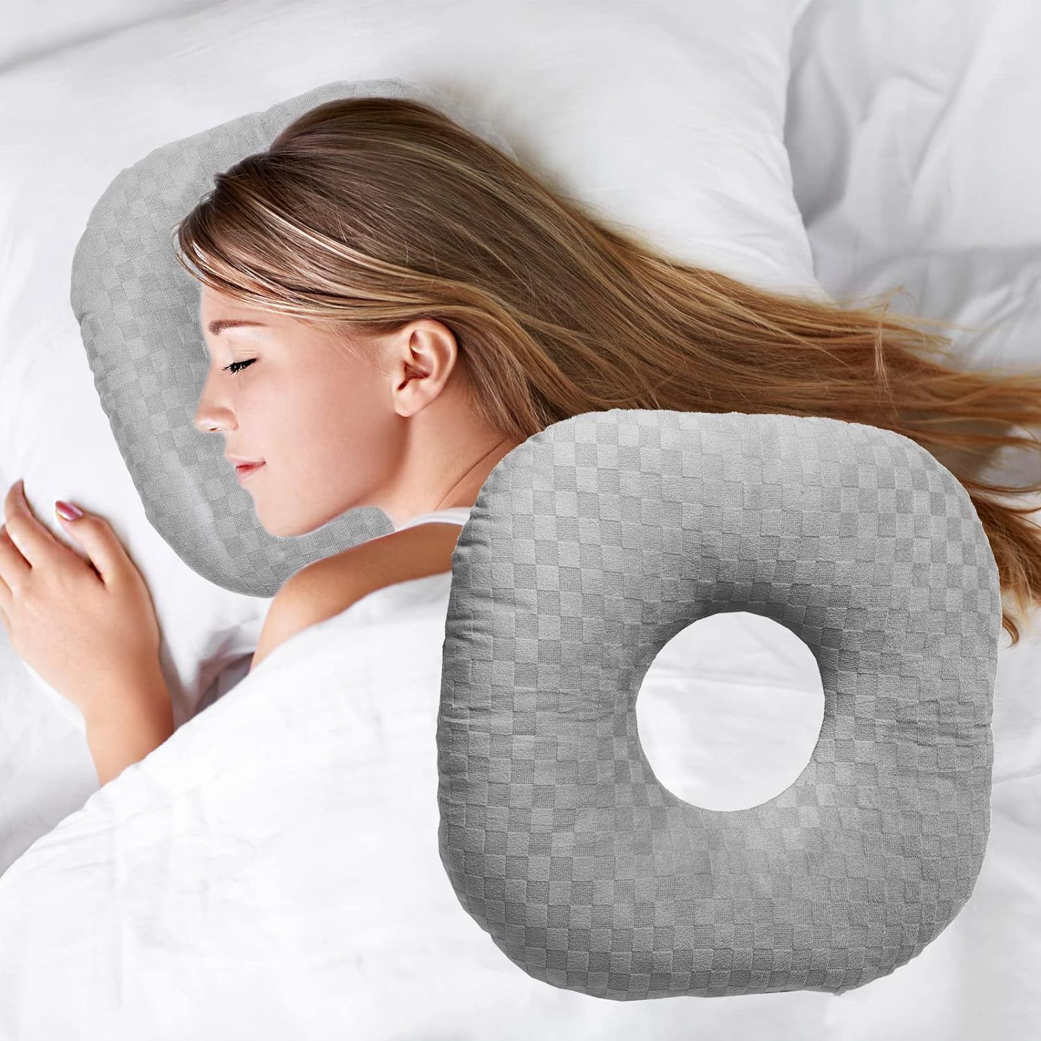 Ear Piercing Pillow for Side Sleepers, Pillow with an Ear Hole for Ear Pain Ear Inflammation Pressure Sores, O-Shaped Side Sleeping Pillow, Ear Guard Pillow