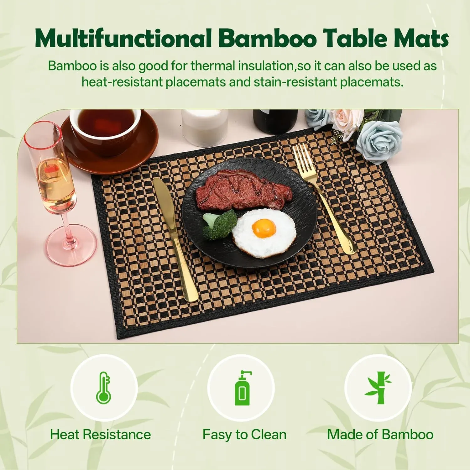 8 Pack Bamboo Placemats, Heat Resistant Anti Slip Washable Table Mats, Natural Black Brown — image 4