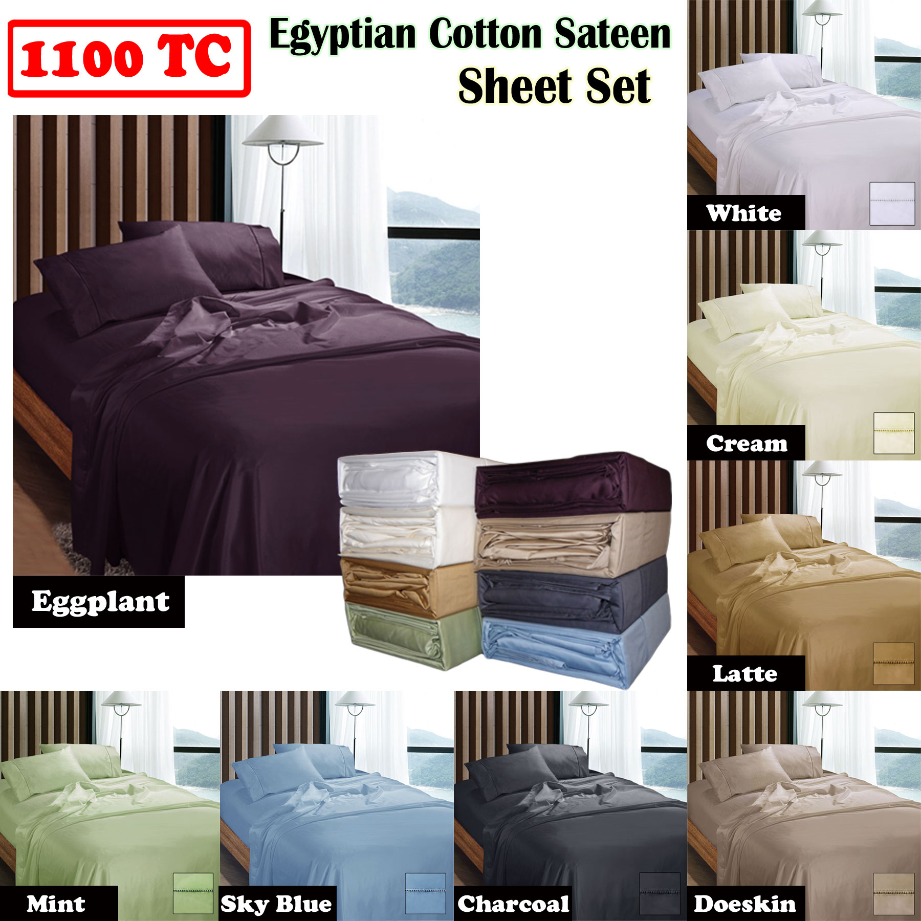 Ramesses 1100TC Egyptian Cotton Sateen Sheet Set Doeskin Queen โ image 2