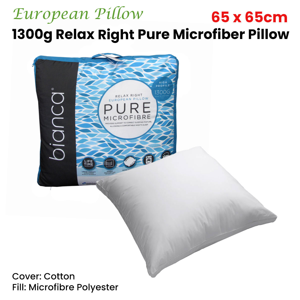 Bianca 1300g Relax Right Pure Microfiber European Pillow 65 x 65cm — image 2