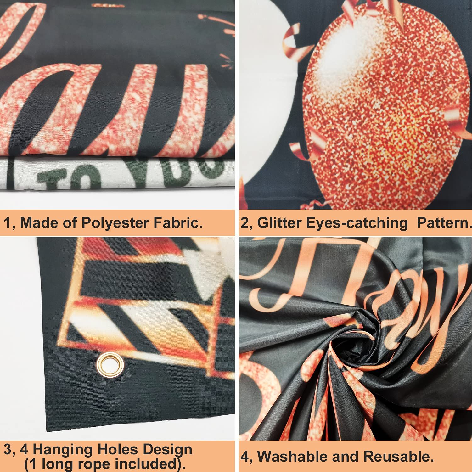 Happy Birthday Decoration Banner, Large Black and Rose Gold Happy Birthday Banner Sign, Happy Birthday Backdrop — image 3