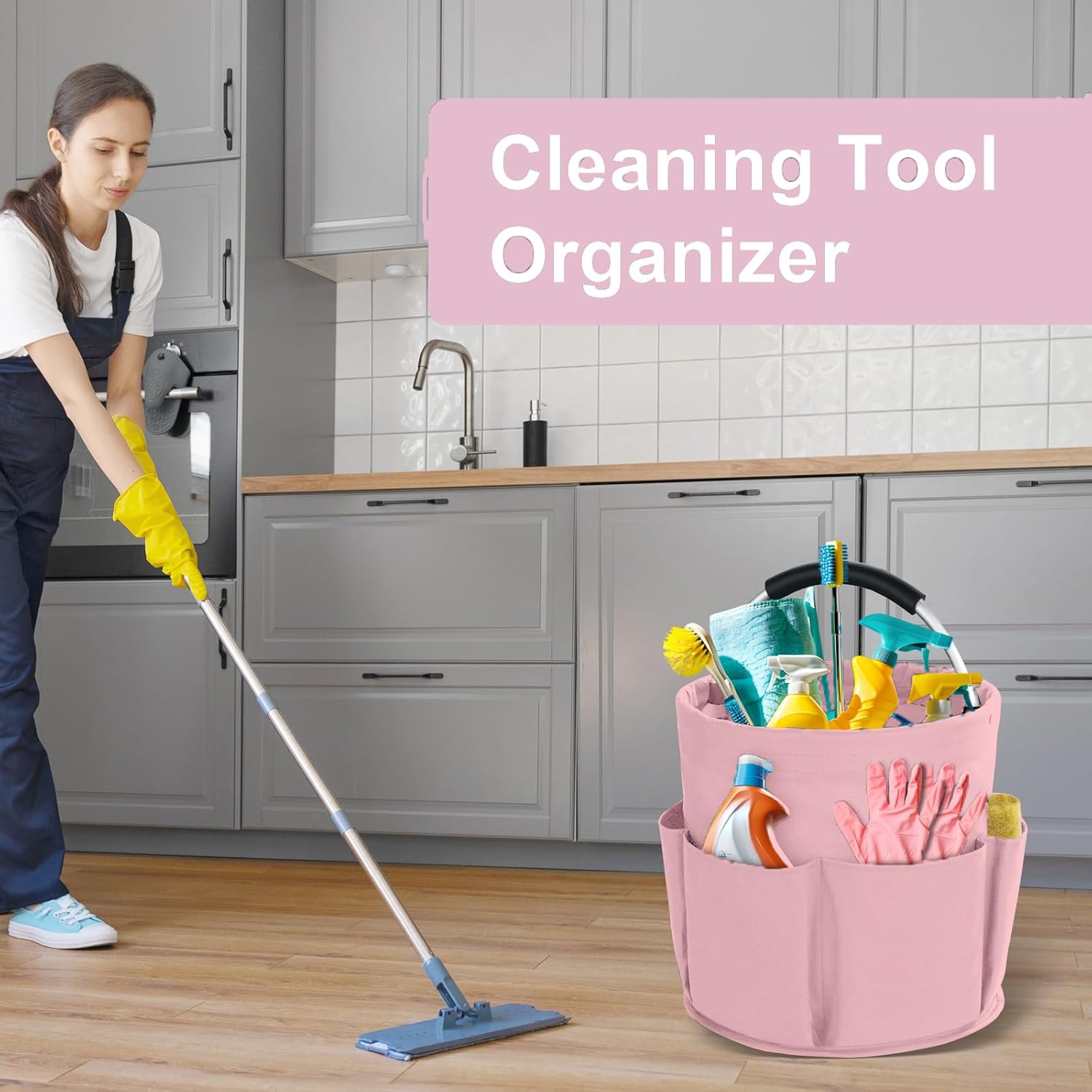 Pink Foldable Cleaning Caddy with 6 Outer Pockets: 17L Collapsible Storage Basket for Household, Bathroom, Picnic & Beach โ Durable Oxford Cloth Organizer โ image 3