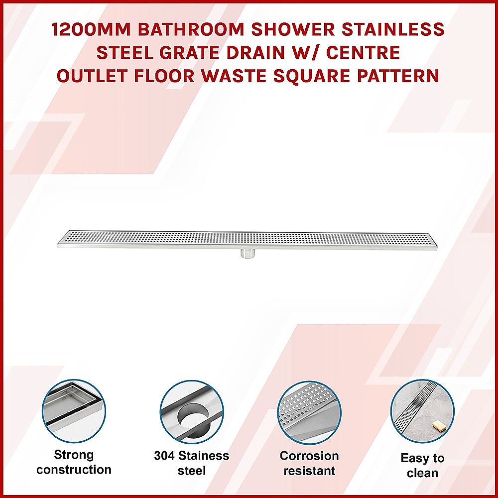 1200mm Bathroom Shower Stainless Steel Grate Drain w/Centre outlet Floor Waste Square Pattern โ image 3