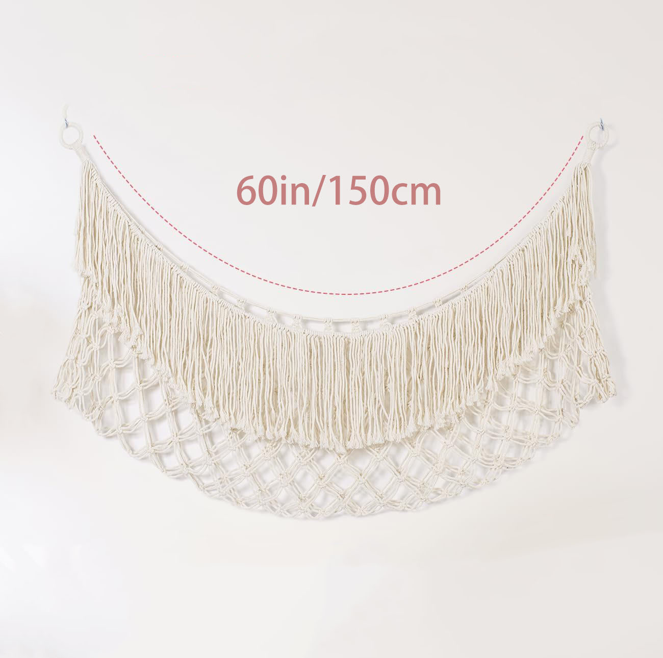 White Hand-Woven Cotton Rope Plush Toy Hammock - Wall Organizer with Tassels, Decorative Toy Net (150 × 40cm)