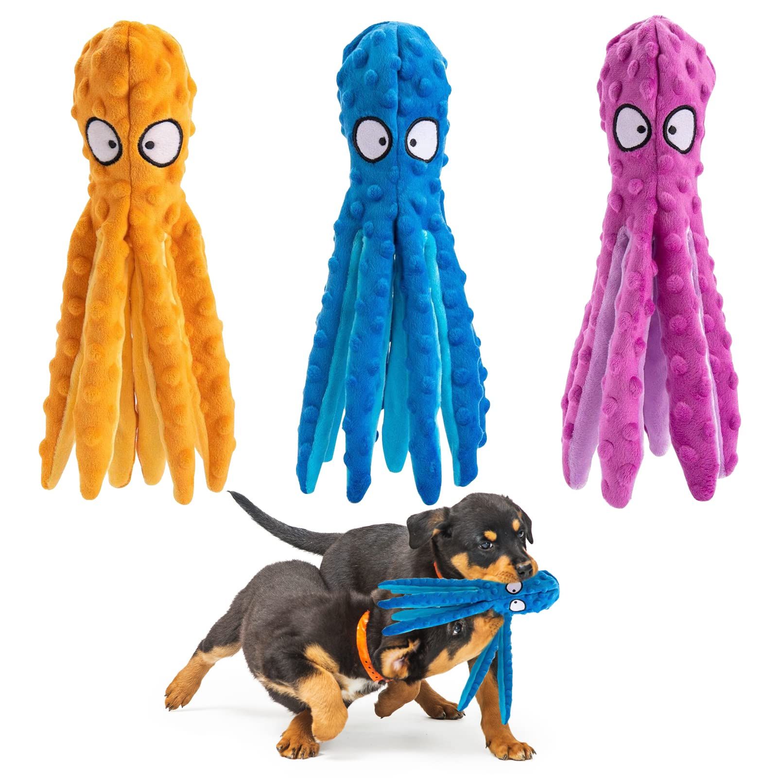 Squeaky Dog Toys, Octopus Toys for Aggressive Chewers, Tough No Stuffing Plush Large Dogs, Crinkle Interactive Puppy (3pcs)