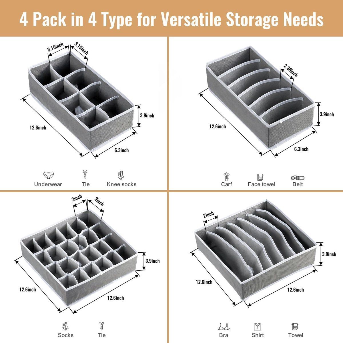 4 Pack Drawer Organizer Foldable Oxford Fabric Closet Storage Bins With Compartments For Underwear Socks Bras Baby Clothes Gray, 32 × 10 cm — image 2
