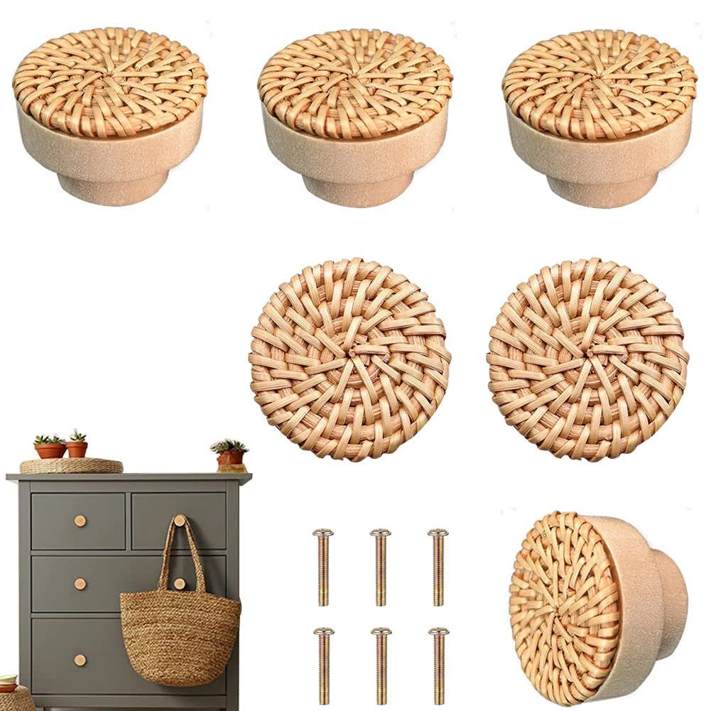 knobs and pulls Wicker Woven Decorative Dresser Handles Round Wooden Knobs for Cabinets and Drawers 6 Pcs (Natural Colours)