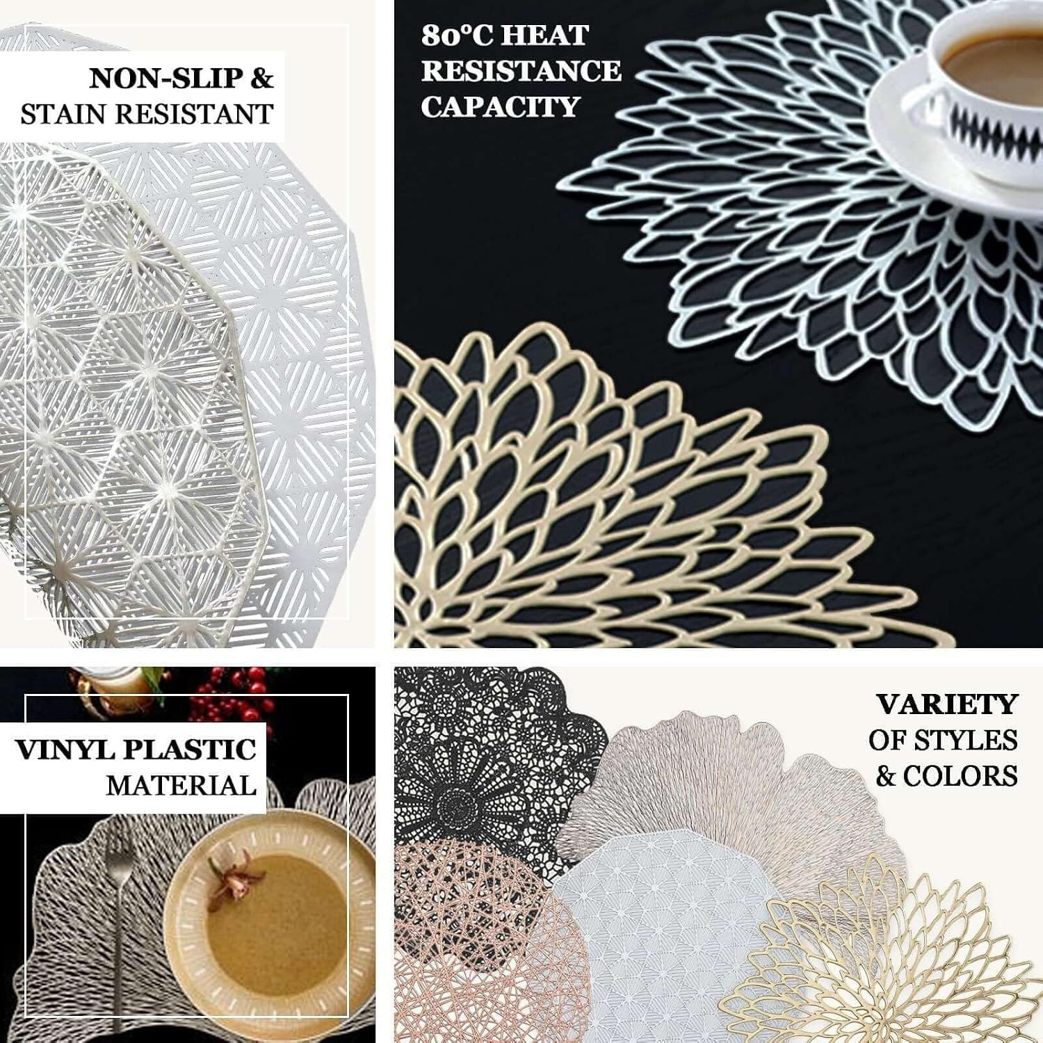 Efavormart 6 Pack 15" White Vintage Floral Vinyl Placemats - Non-Slip Round Metallic Lace Cutout Dining Mats for Wedding Events and Birthday Party Decor- 6 — image 4