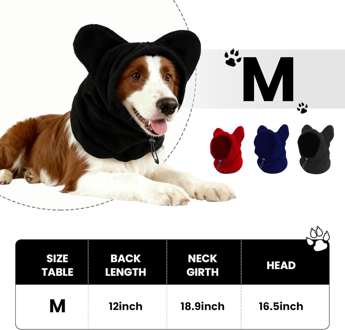Dog emergency winter cone with ear protection, fleece neck warmer for dogs, (black, M) — image 2