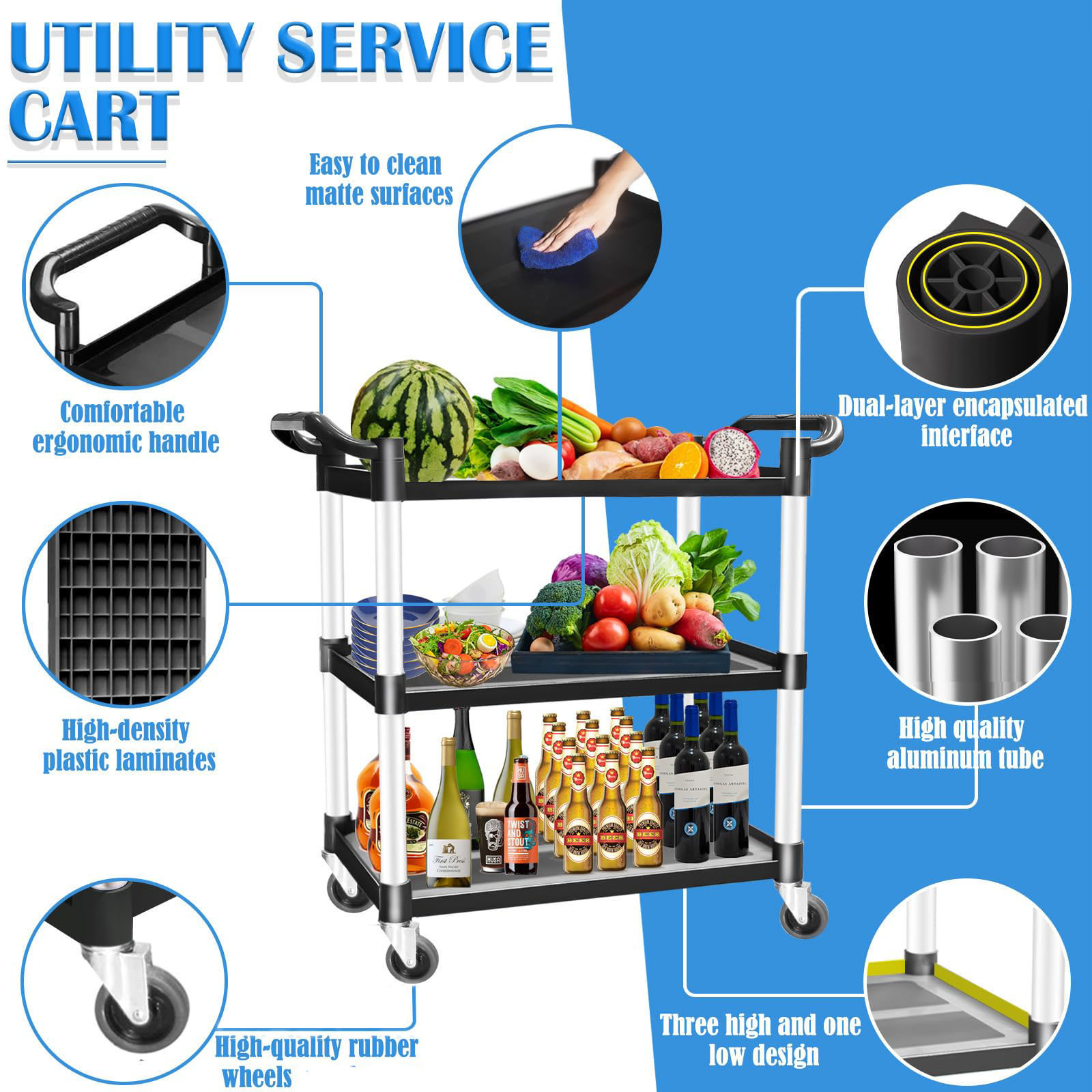 3 Tier Large Service Food Cart Restaurant Trolley Utility Cart Kitchen Catering Shelf Storage โ image 5