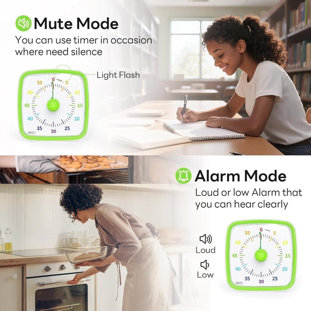 60 Minutes Visual Timer with Rainbow Pattern, Silent Flash Function, Adjustable Volume, Green — image 4