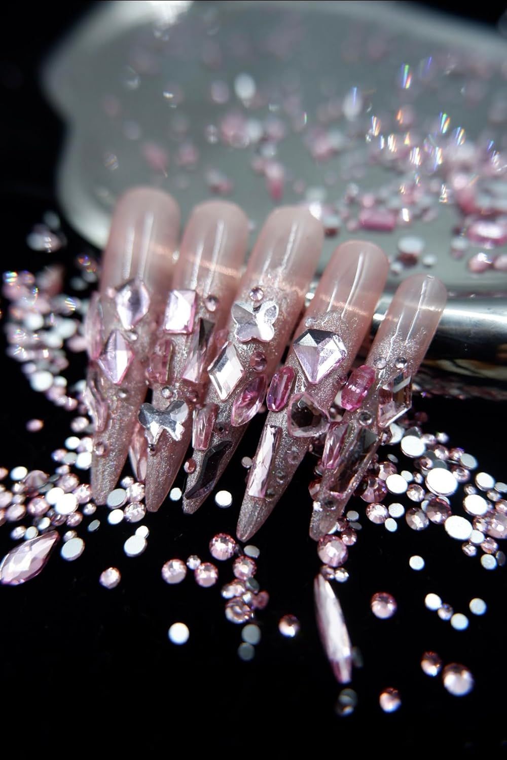 Light Pink Nail Rhinestones, 5380Pcs Flatback Glass Charms Gems Stones, 24 Grids 19 Types of Shaped Nail Art Rhinestones Kit with Tweezers, 6 Sizes — image 3