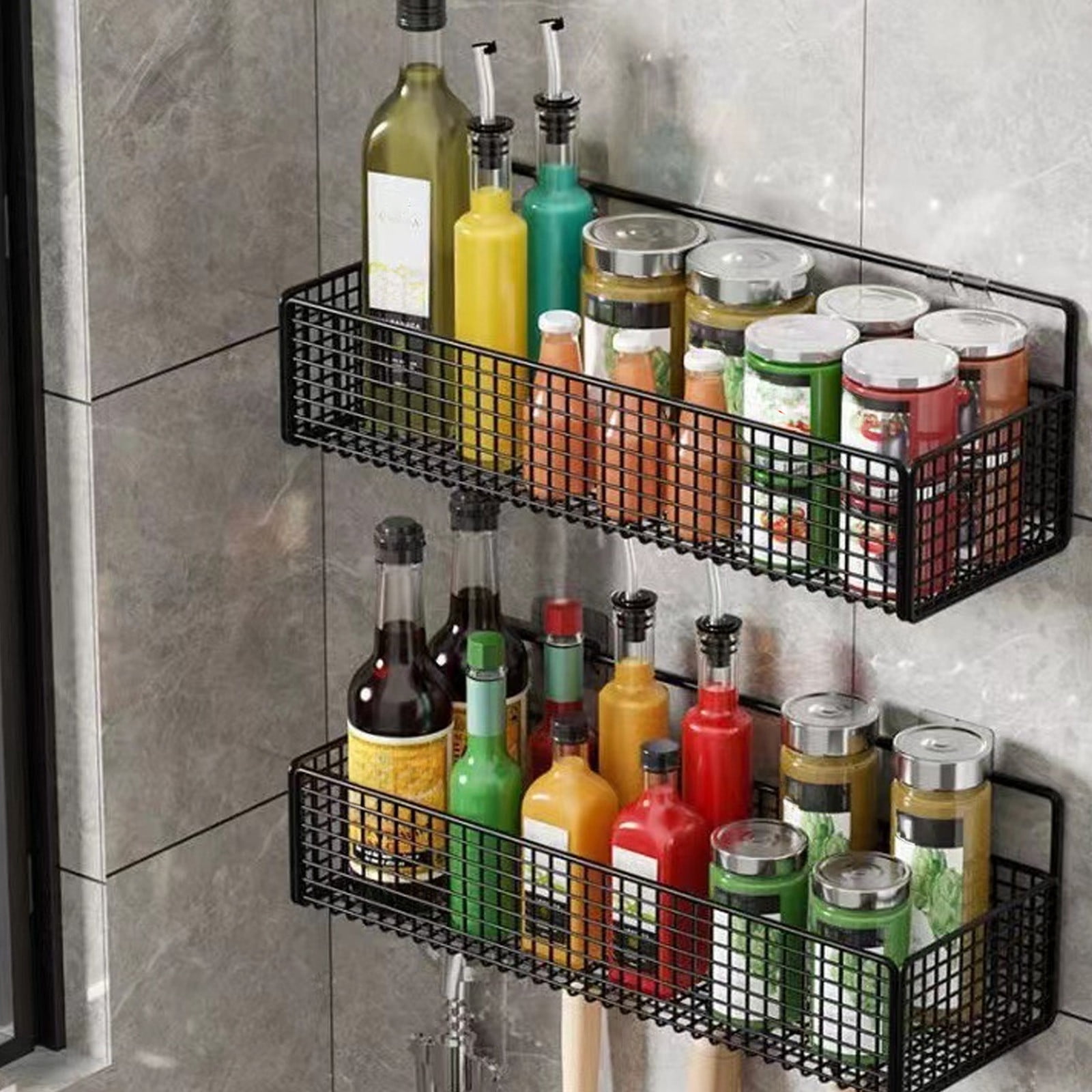 2 Pieces Wall Mounted Metal Storage Baskets, Hanging Shelves for Bathroom Toiletries, Kitchen Seasonings, Black