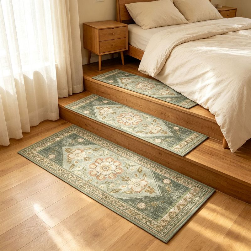 4 Pcs Green Vintage Floral Non Slip Stair Treads, Adhesive Carpet Runners for Wooden Steps Pets and Seniors, 8 × 30 in — image 4