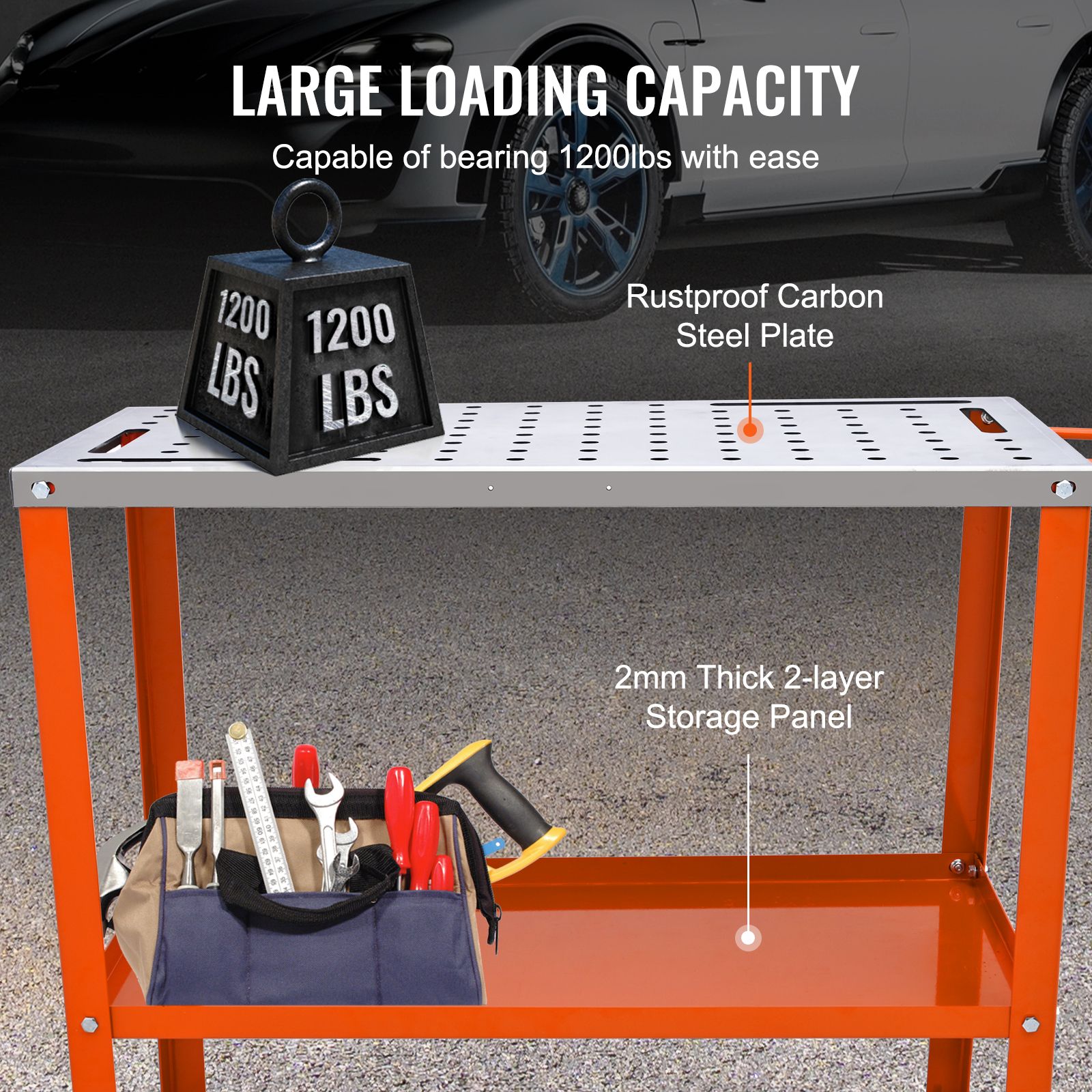 36" x 18" Welding Table, 1200lbs Load Capacity Steel Welding Workbench Table on Wheels, Portable Work Bench with Braking Lockable Casters, 4 Tool Slots — image 3