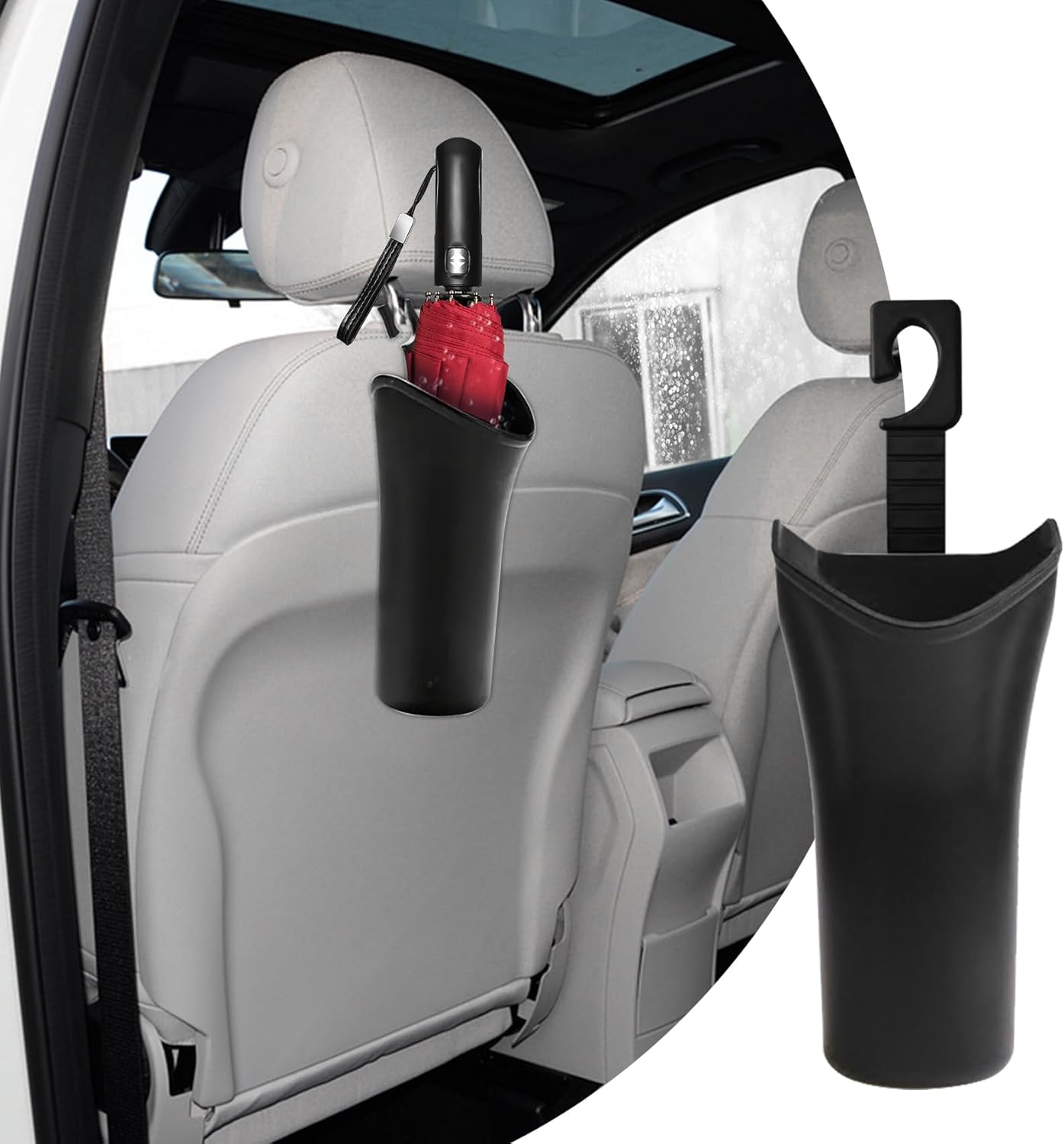 Car Trash Bin & Organizer - Under Seat or Center Console Storage Box with Umbrella Holder - Black - Set of 1