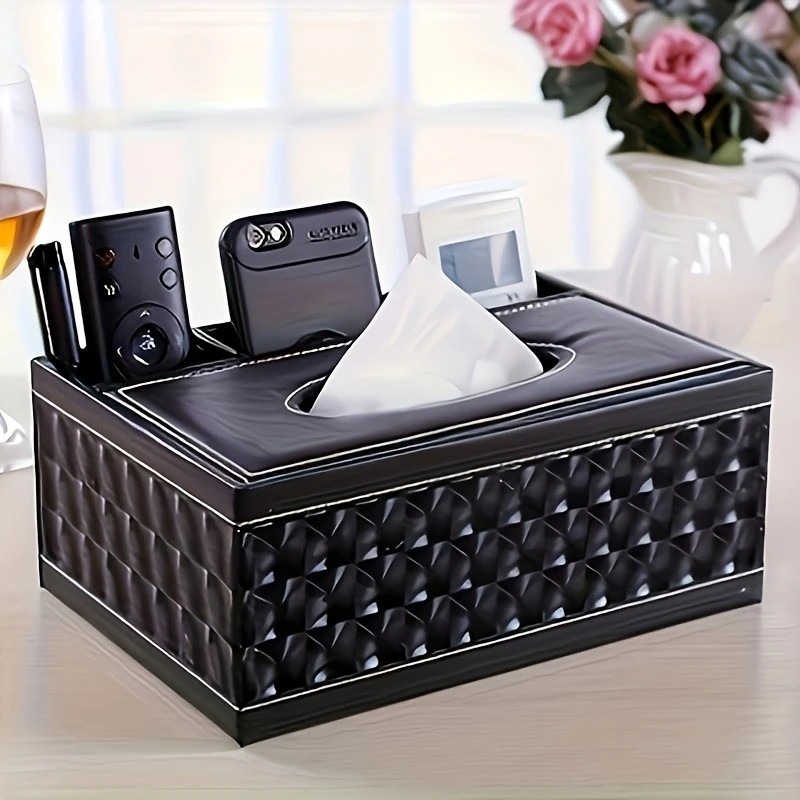 White gold Multi-Function Leather Tissue Box, Wooden Frame with Compartment Storage, Anti-Slip and Stable, Living Room and Office Desktop Organizer โ image 6