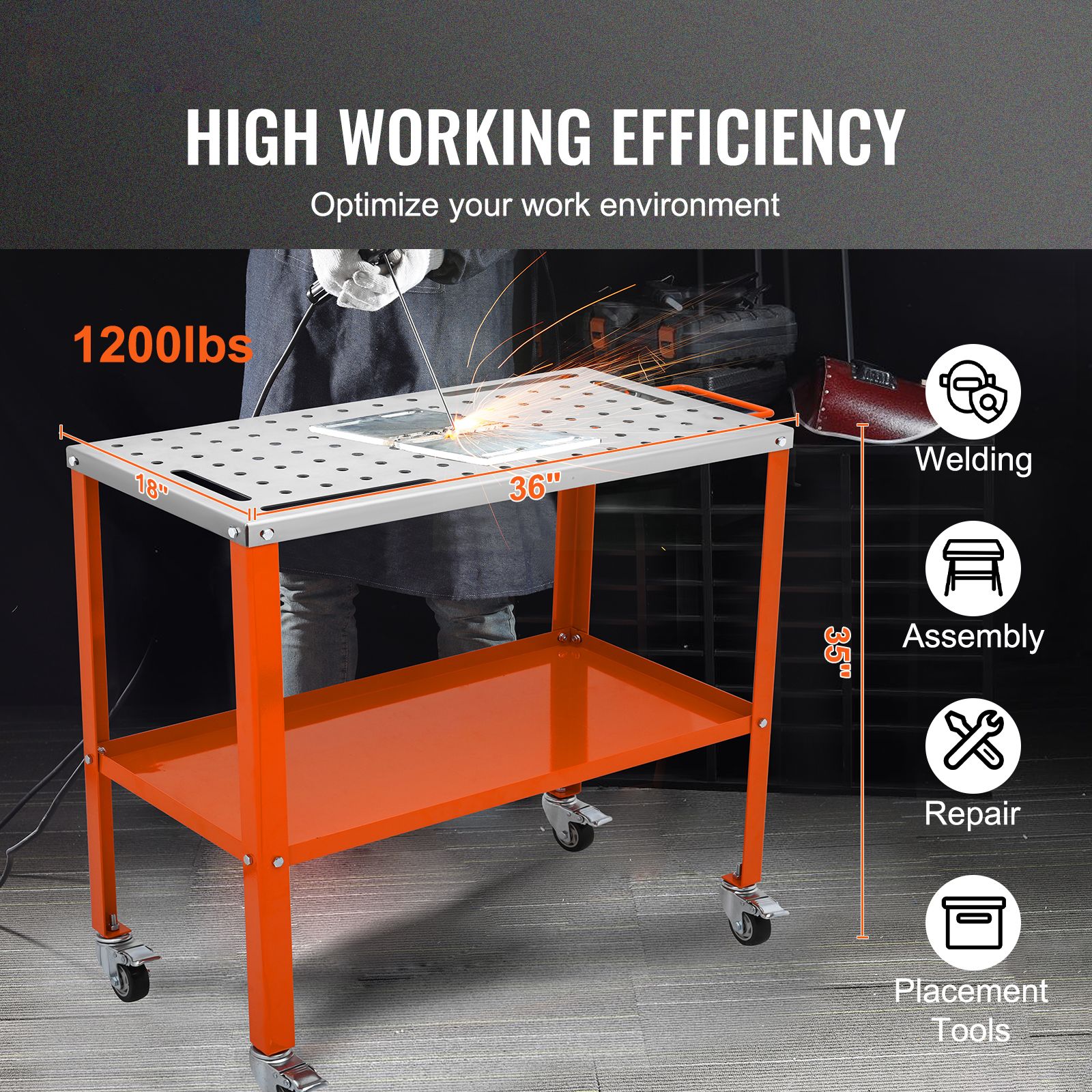 36" x 18" Welding Table, 1200lbs Load Capacity Steel Welding Workbench Table on Wheels, Portable Work Bench with Braking Lockable Casters, 4 Tool Slots — image 2