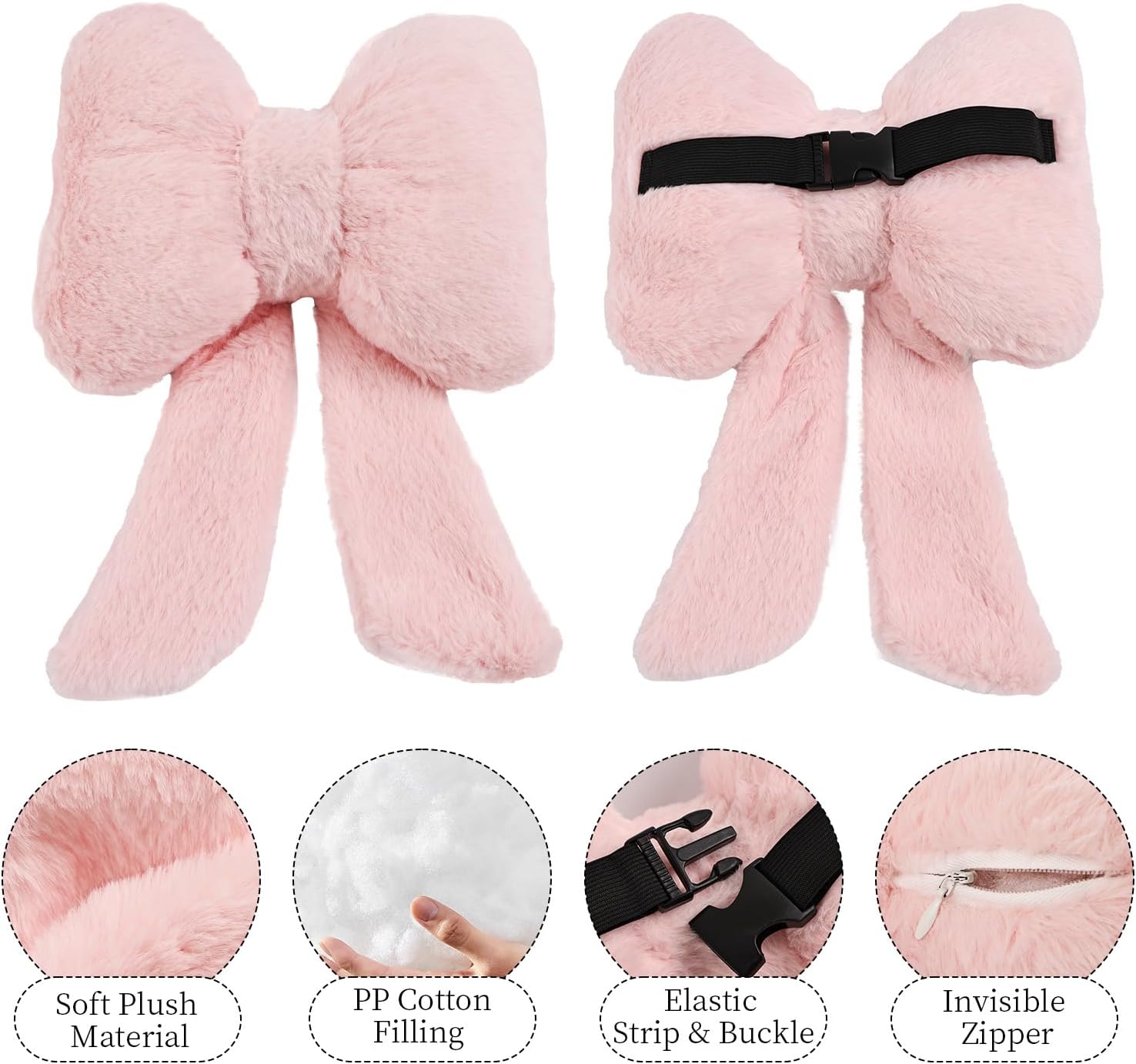 2 Pack Bow Car Headrest Pillows Plush Neck Pillows for Travel Driving Office Chair Head Support Cushions, Also Cute Car Decor Accessories for Women (Pink) — image 5