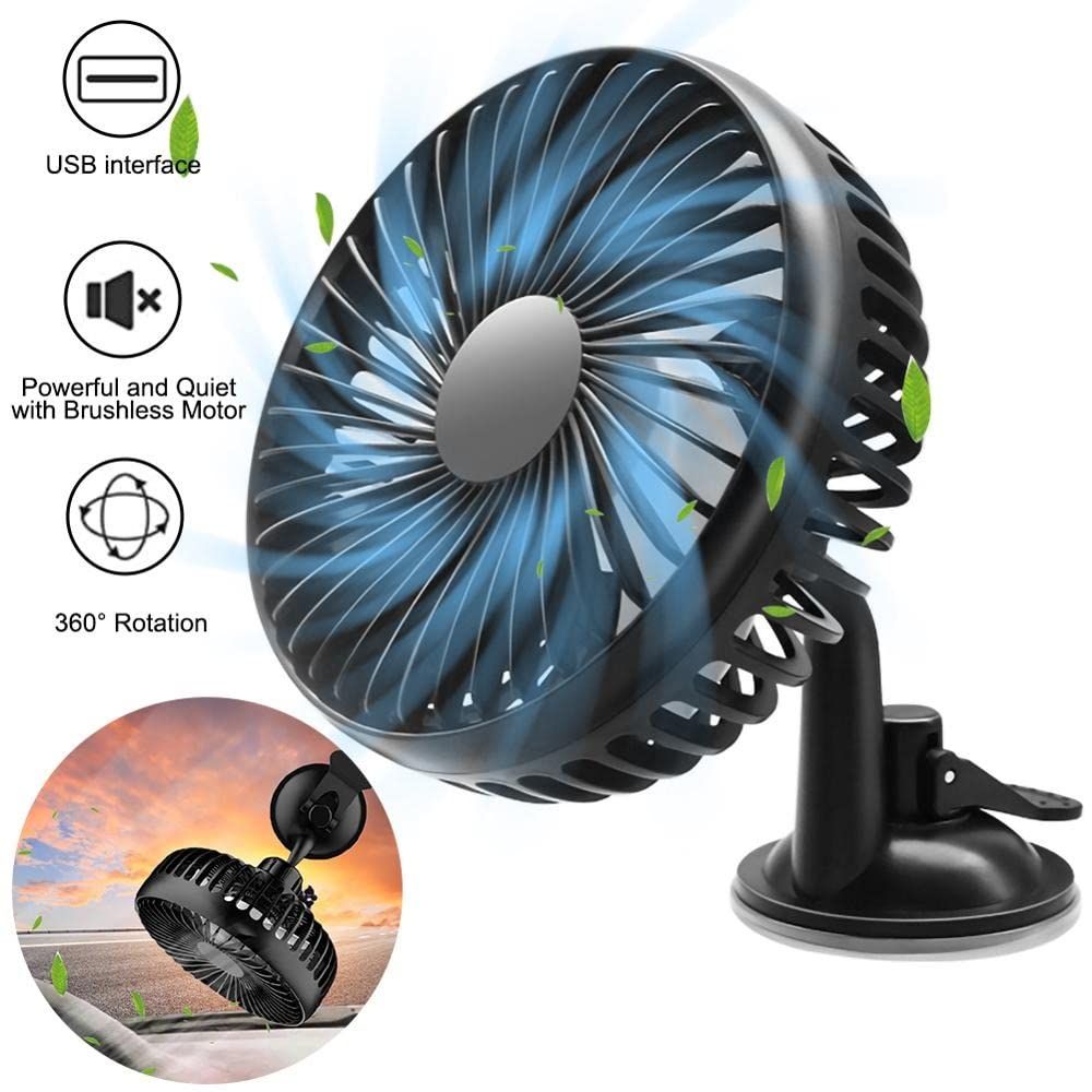 12V/24V Mini Car Fan ABS Black Auto Single Head Fan USB Universal Car Fan Suction Cup 360 degree Cooling Fan — image 2