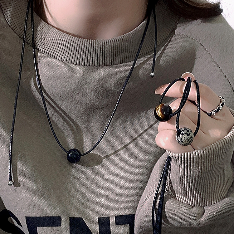 6-piece Vintage Geometric Natural Stone Bead Pendant Necklace Adjustable Black Rope Collarbone Chain Unisex Boho Jewelry Gift — image 2