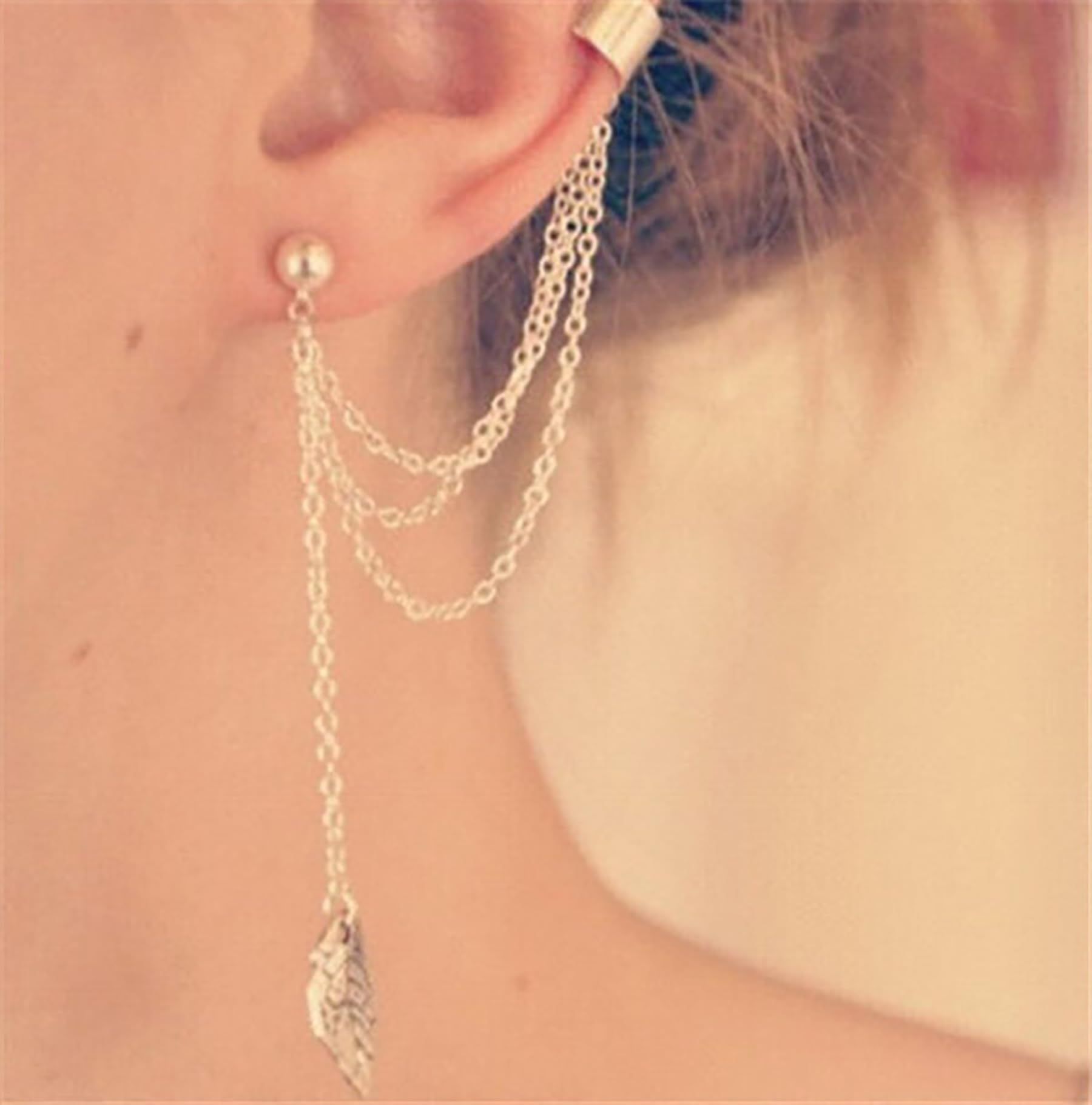 1 pcs The leaves pendant tassel earrings Cute Ear Cuff Non Piercing with Leaf Tassels Stud Earrings Dangle Earrings Jewelry — image 2