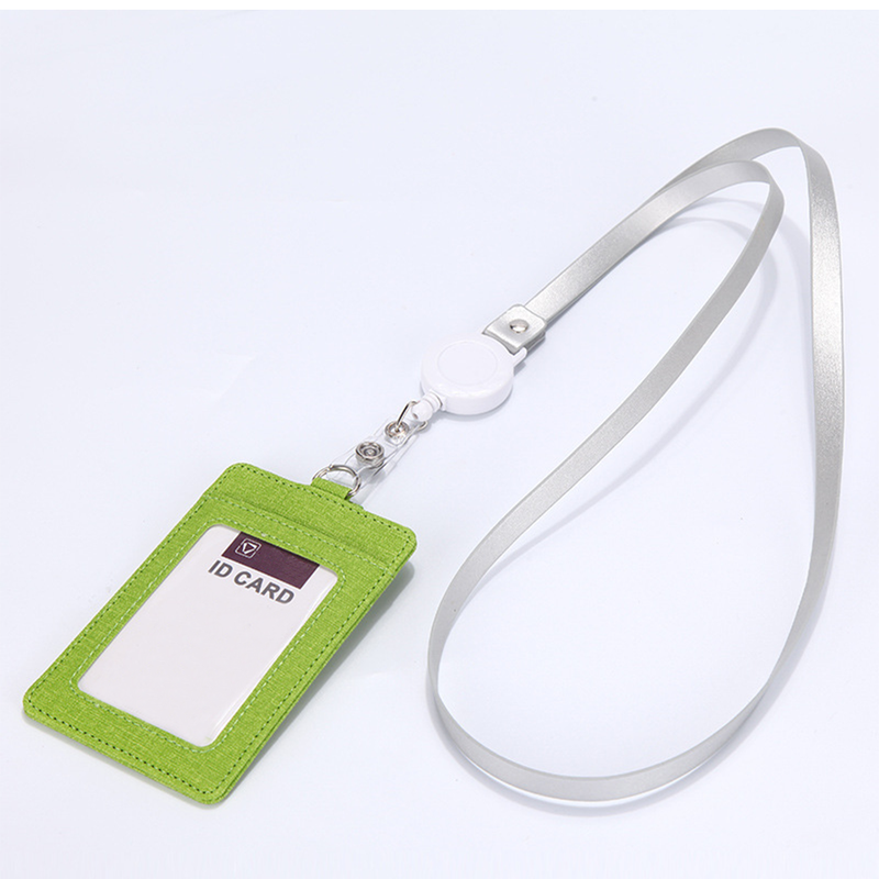 Retractable ID Badge Holder with Lanyard, PU Leather Work Card Holder for Office Staff Nurse Teacher Student ID Card-Green