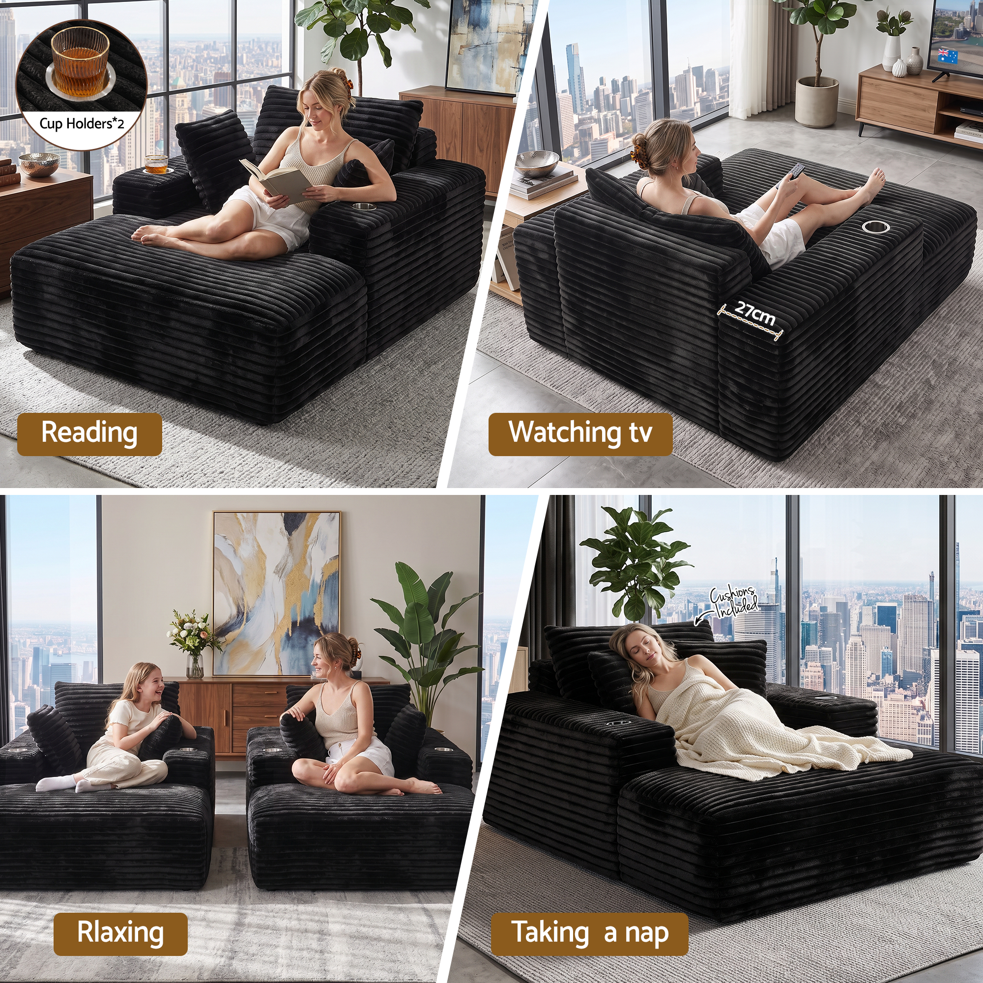 Artiss Sofa Bed Lounge Chair Sleeper Couch Chaise Single Seater Faux Fur Black — image 3