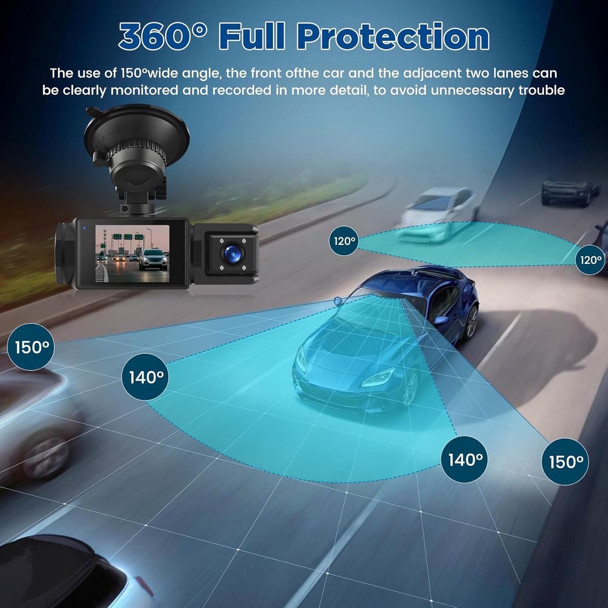 WiFi Car Dash Cam – 3-Channel Wireless Camera with App, Front, Interior, and Rear Cameras, Full HD 1080p, 2-inch IPS Screen, Night Vision, Motion Detection — image 3