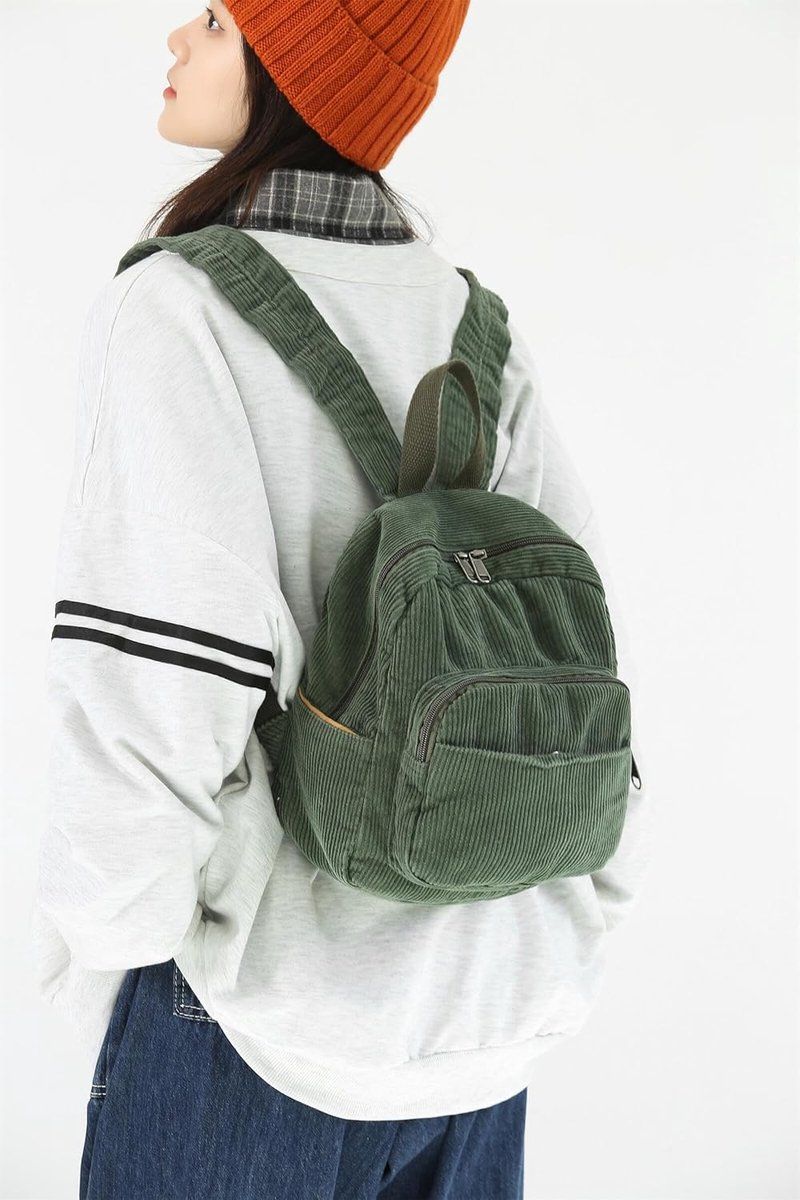 Small Corduroy Backpack for Women and Men, Lightweight Casual Daypack with Storage Pockets for School, Work and Travel, Green — image 2