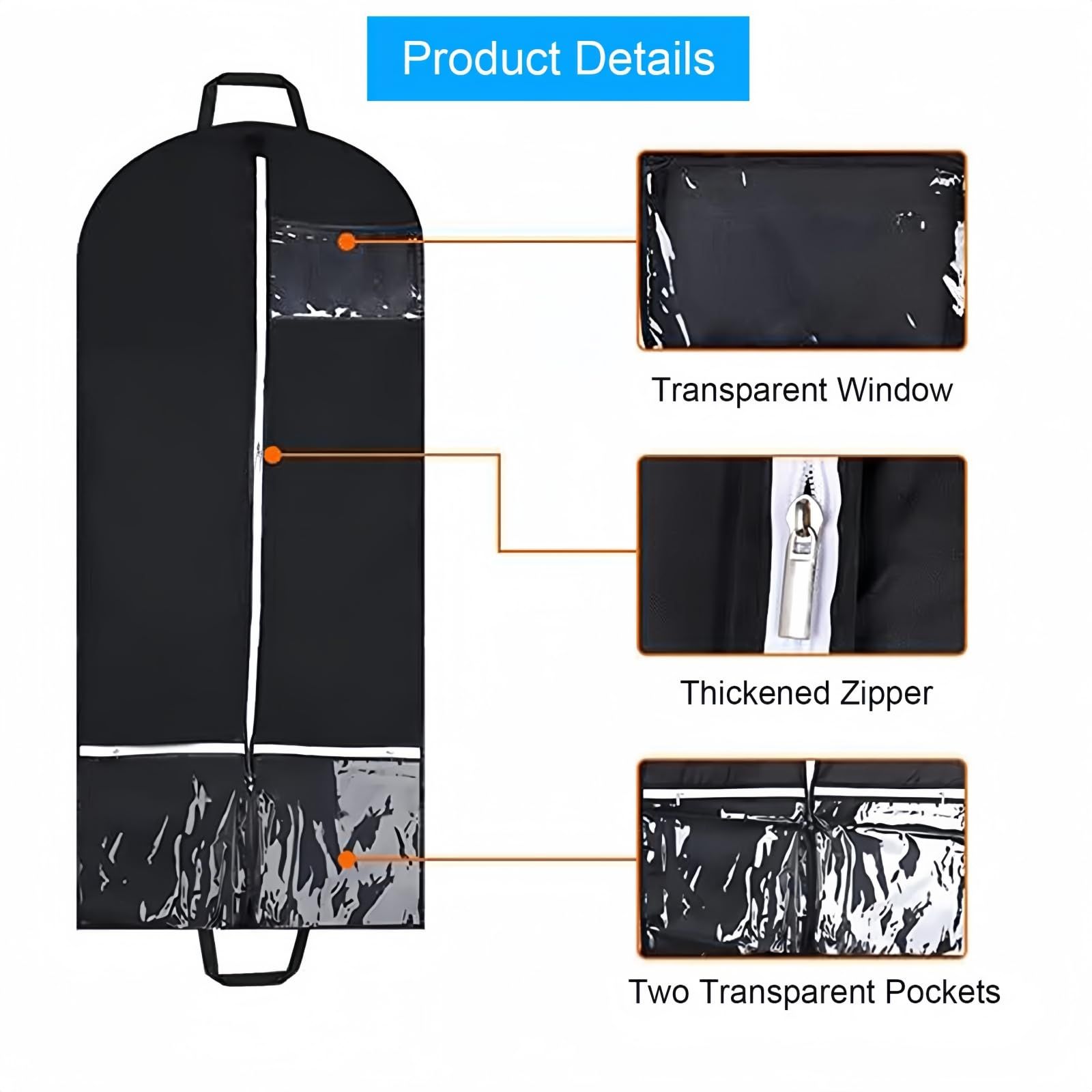 2 pack 50" Garment Bags for Travel and Clothes Storage with 2 Clear Pockets, Hanging Clothes Cover Suit Bag for Closet Storage with Handles for Suits, Dress — image 3