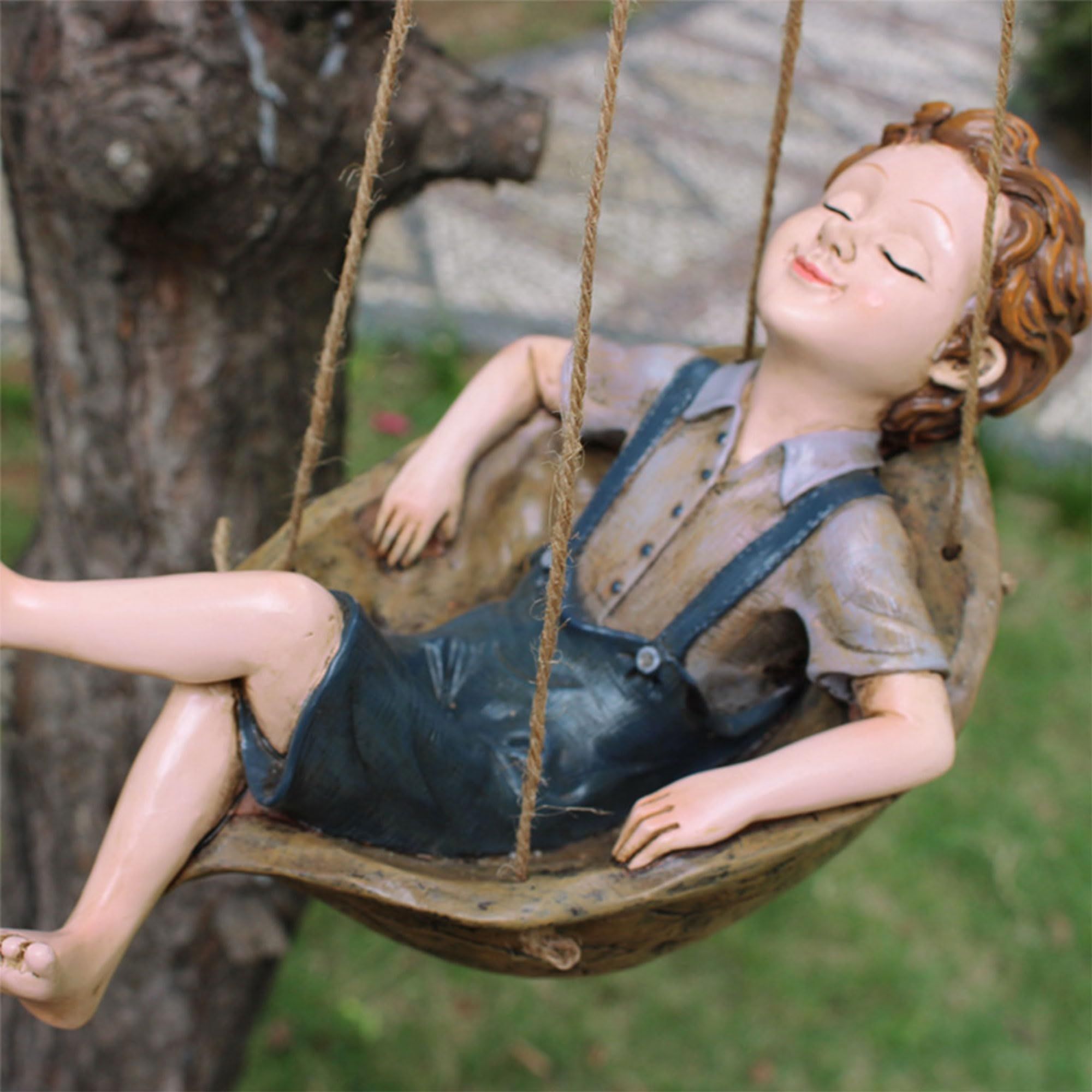 Hanging Garden Statue Décor, Resin Tree Ornaments Decorations, Sleepy Boy in Hammock, Whims Sculptures for Tree Branch Lawn Patio — image 2