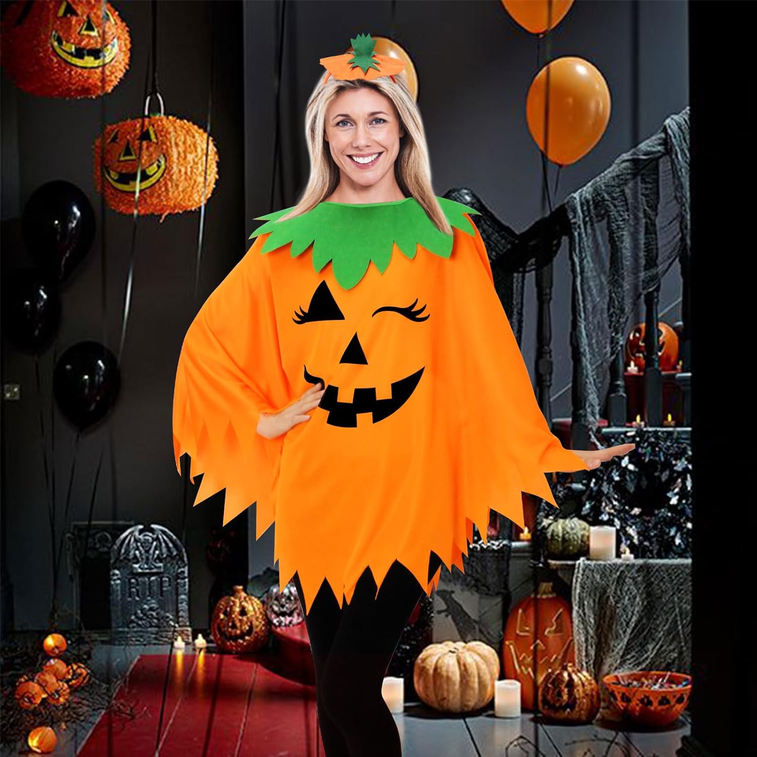 3PCS Halloween Pumpkin Costume for Women,Pumpkin Poncho for Adults with Headband & Bag,Halloween Costume for Women — image 6
