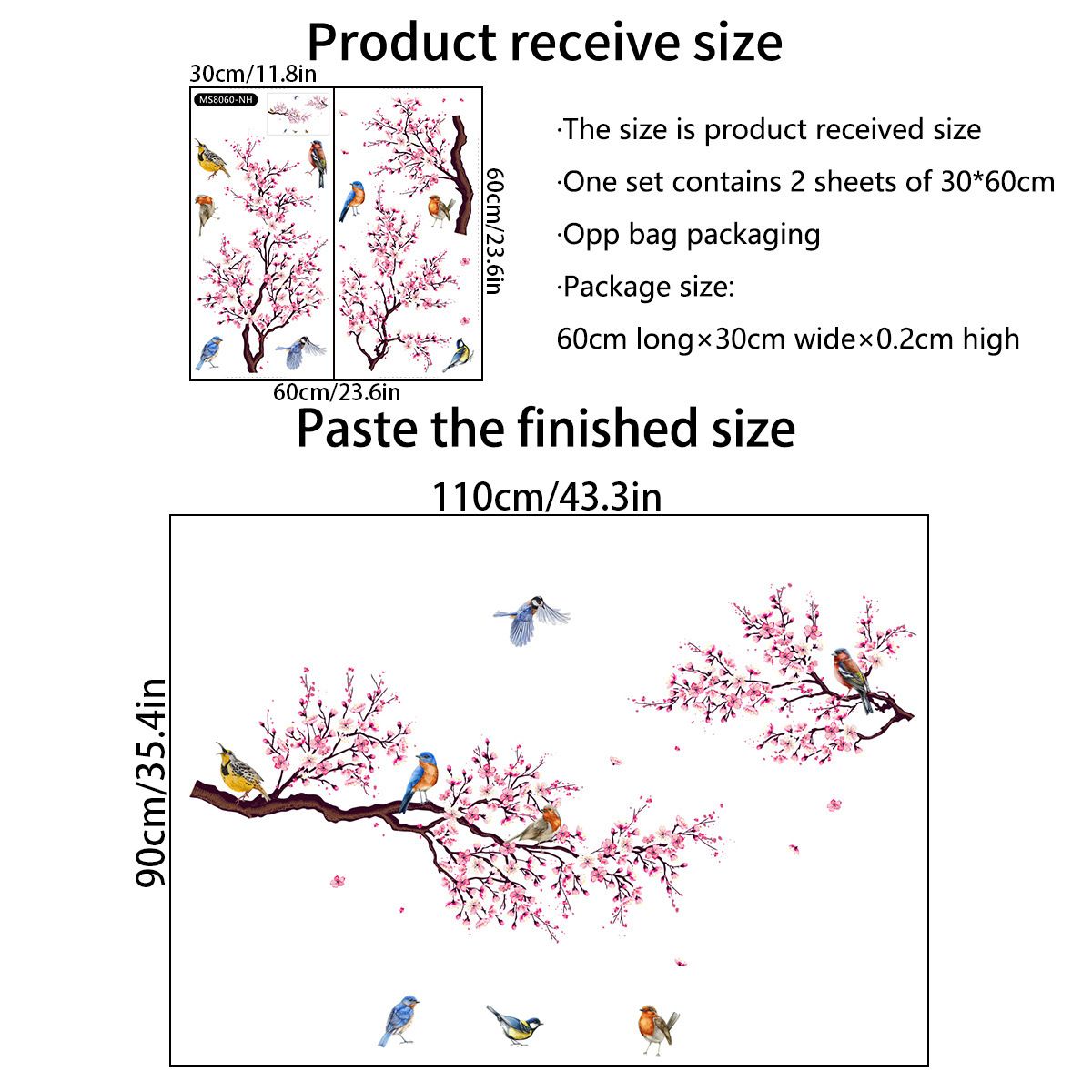 Cherry Blossom Wall Art Decals Bird Branch Floral Wall Stickers for Living Room Girls Bedroom Nursery Wall Decor — image 3