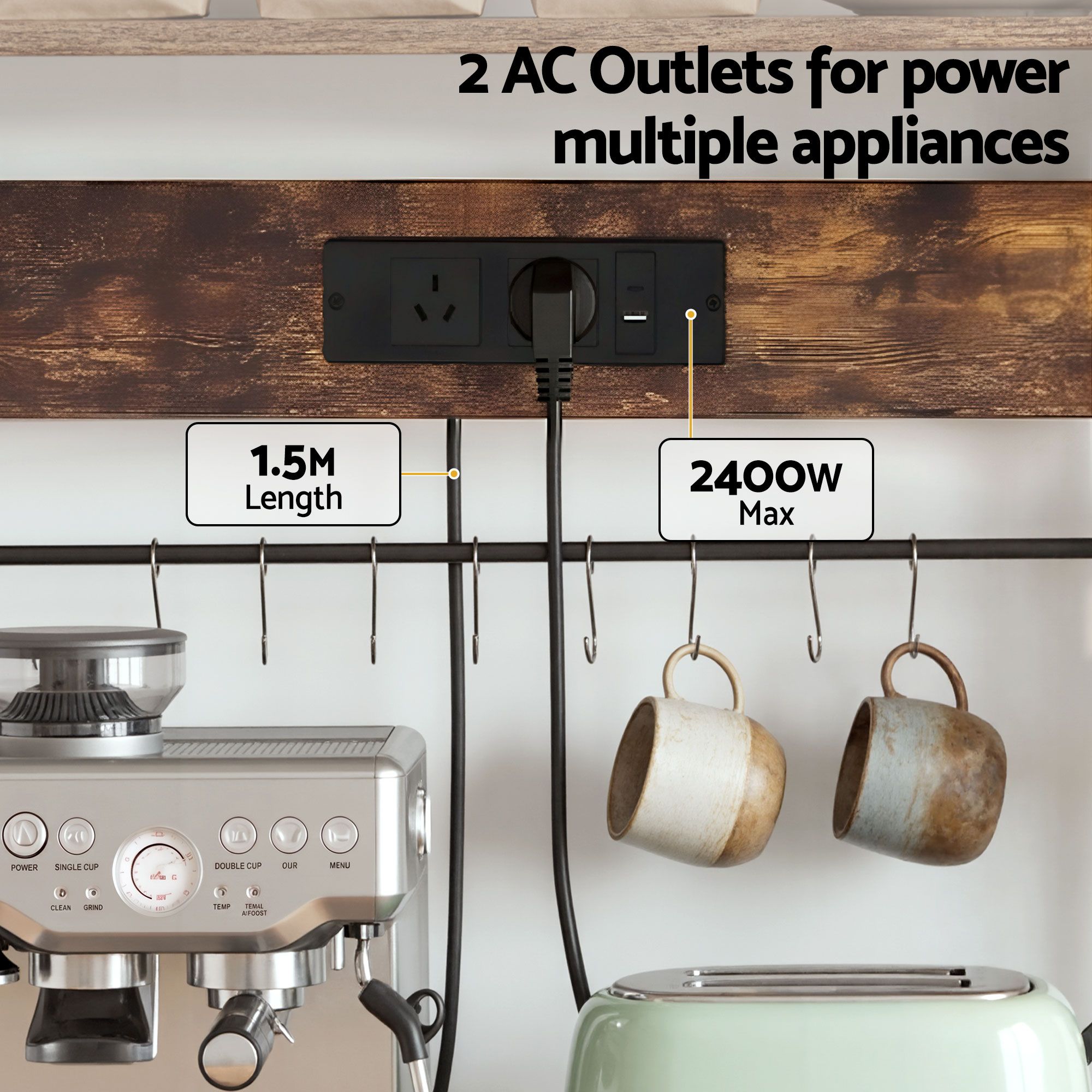 Artiss Kitchen Rack with Power Outlets Hooks 96CMX170CM Microwave Storage Shelf — image 6