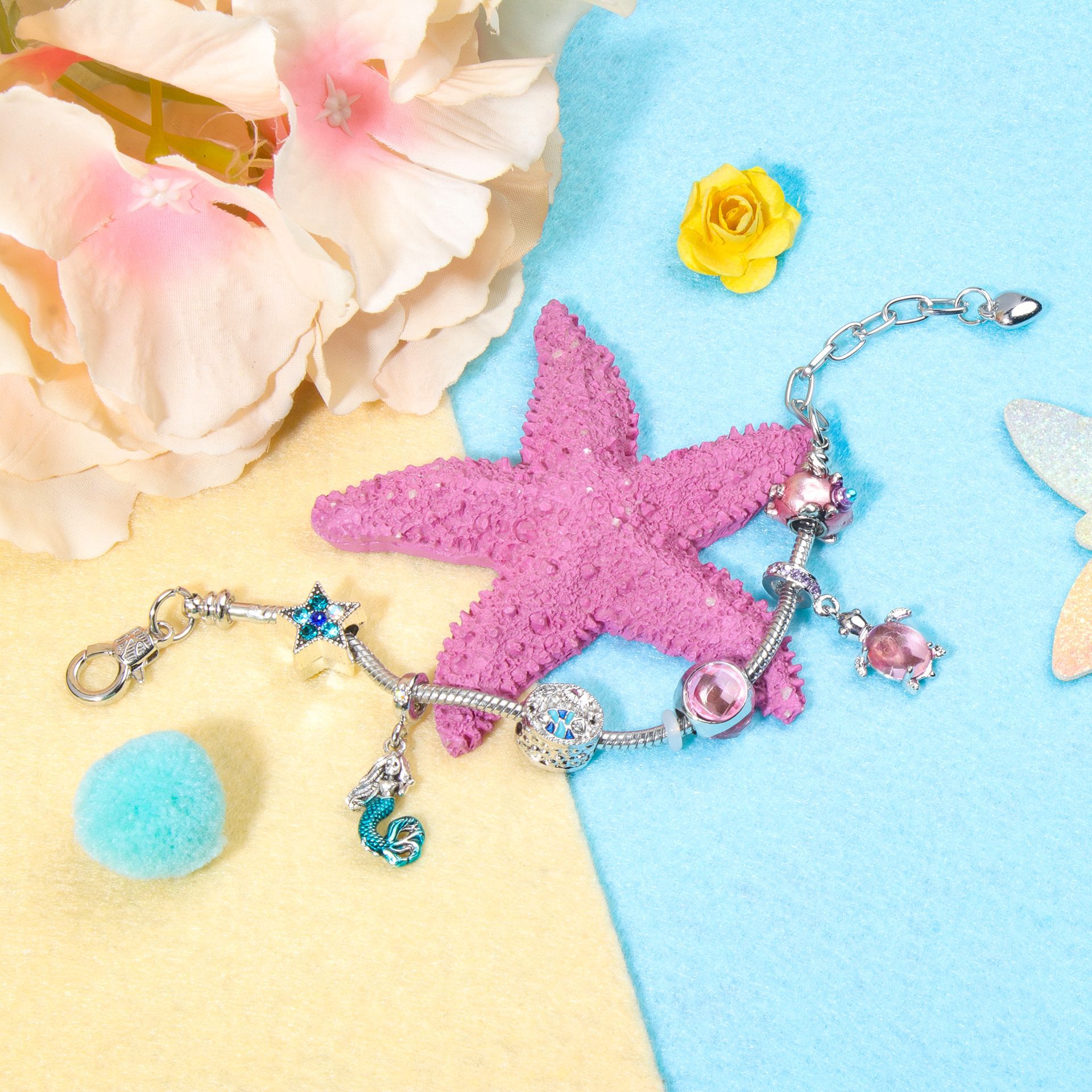 Rhinestone Star Alloy Bracelet with Mermaid & Turtle Charms Cute Pig & Glass Beads Jewelry(18cm) โ image 3