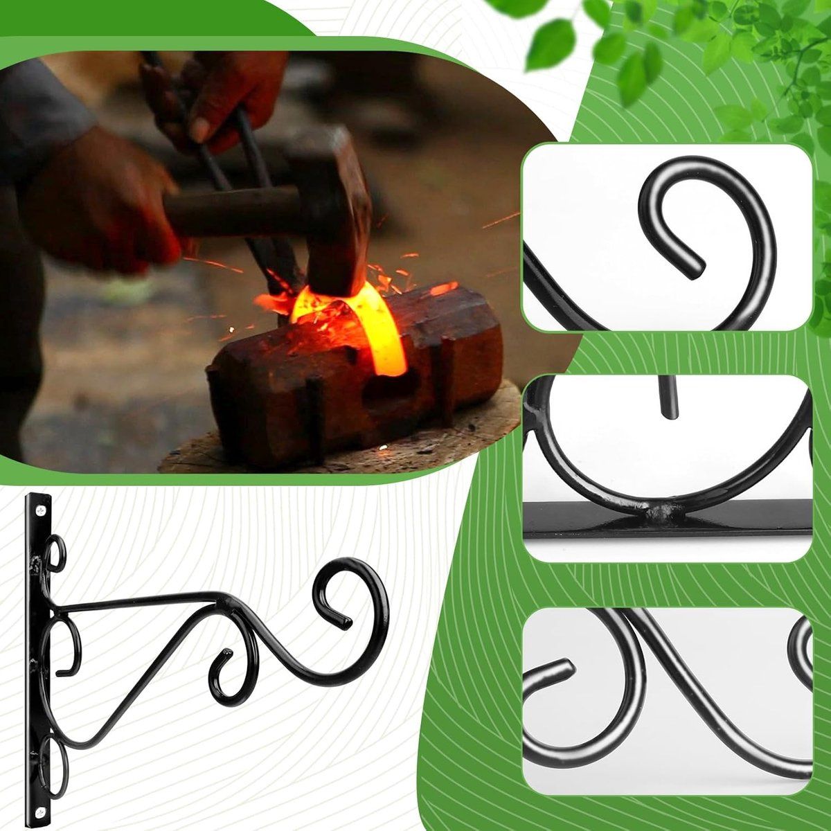 2 Pieces Wall Hook Plant Hook, black plant wall mount, metal brackets for indoor and outdoor use, lanterns and wind chimes Black β image 4
