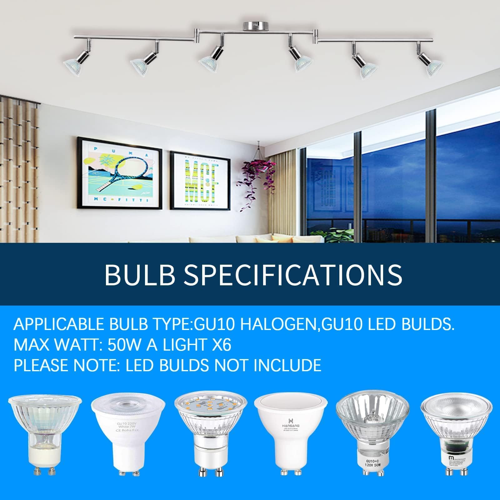 Kitchen Lights, 6-Light Ceiling Lighting Kits, Swivelling Ceiling Spotlight for Bedroom, Kitchen and Living Room(GU10 LED Bulbs not Included) (Brush — image 4