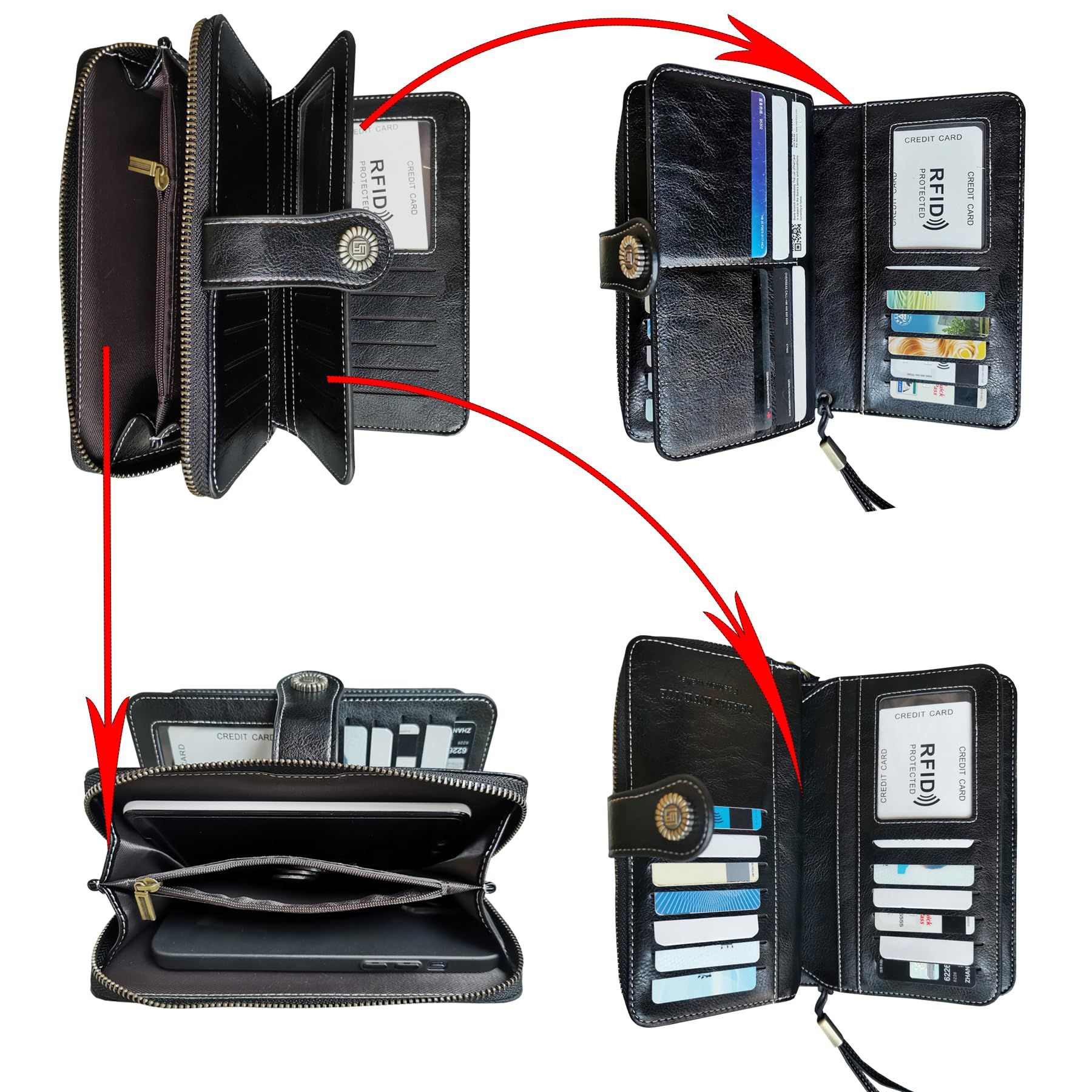 Women Fashion Zip Around Wallet Large Capacity Long Purse Credit Card Phone Holder Clutch with RFID Blocking and Wristlet (Black) — image 4