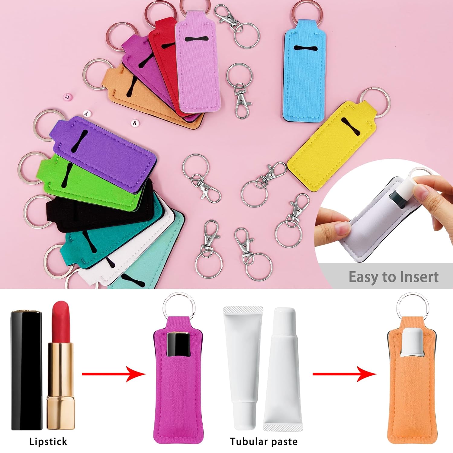 24 Pieces Chapstick Keychain Holder Lip Balm Holder Keychains Neoprene Lipstick Holder with 24 Pieces Metal Clip Cords for Purse Backpack — image 5