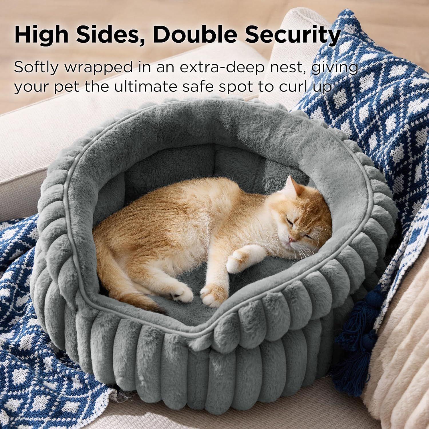 Cat Bed, Washable Round Cute Pet Beds for Indoor Cats, Super Soft Corduroy Kitten Bed with Anti-Slip Bottom, 20''x20''x8'', Warm Gray — image 2