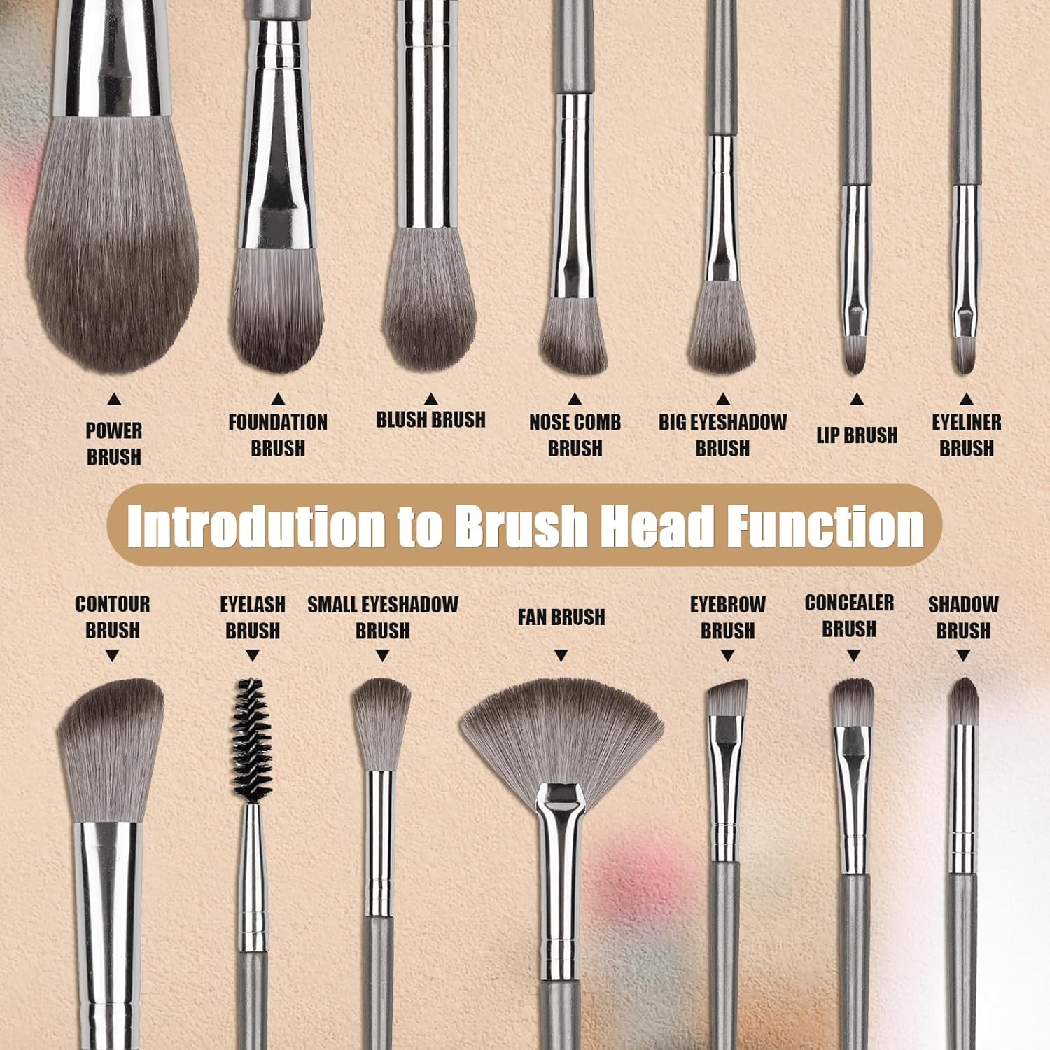 Makeup Brushes, 14 Pcs Professional Makeup Brush Set, Eye and Face Foundation Brush Set, Eyeshadow Brushes, Cosmetic Brushes, with PU Bag, Grayish — image 3