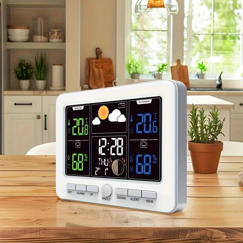 Indoor Outdoor Weather Station Color LCD Atomic Clock Barometer Forecast Dual Alarm Snooze Calendar Time Date Moon Phase Adjustable Backlight.BLACK — image 4