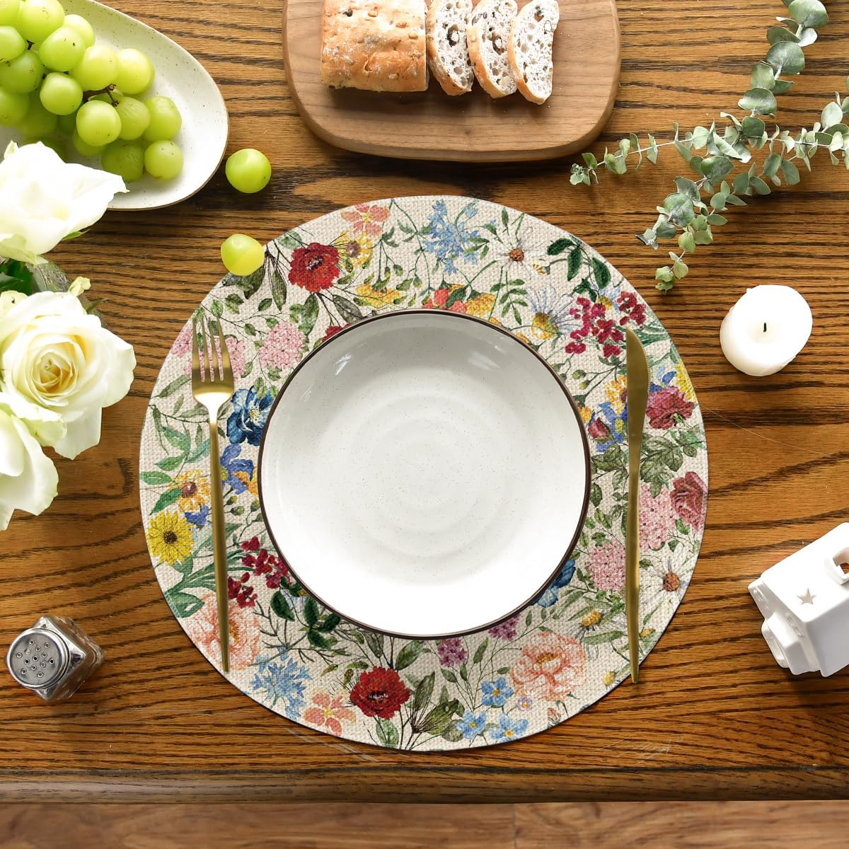 Vintage Floral Spring Round Placemats Set of 4, 14 Inch Seasonal Holiday Round Table Mats for Party Kitchen Dining Decoration โ image 2