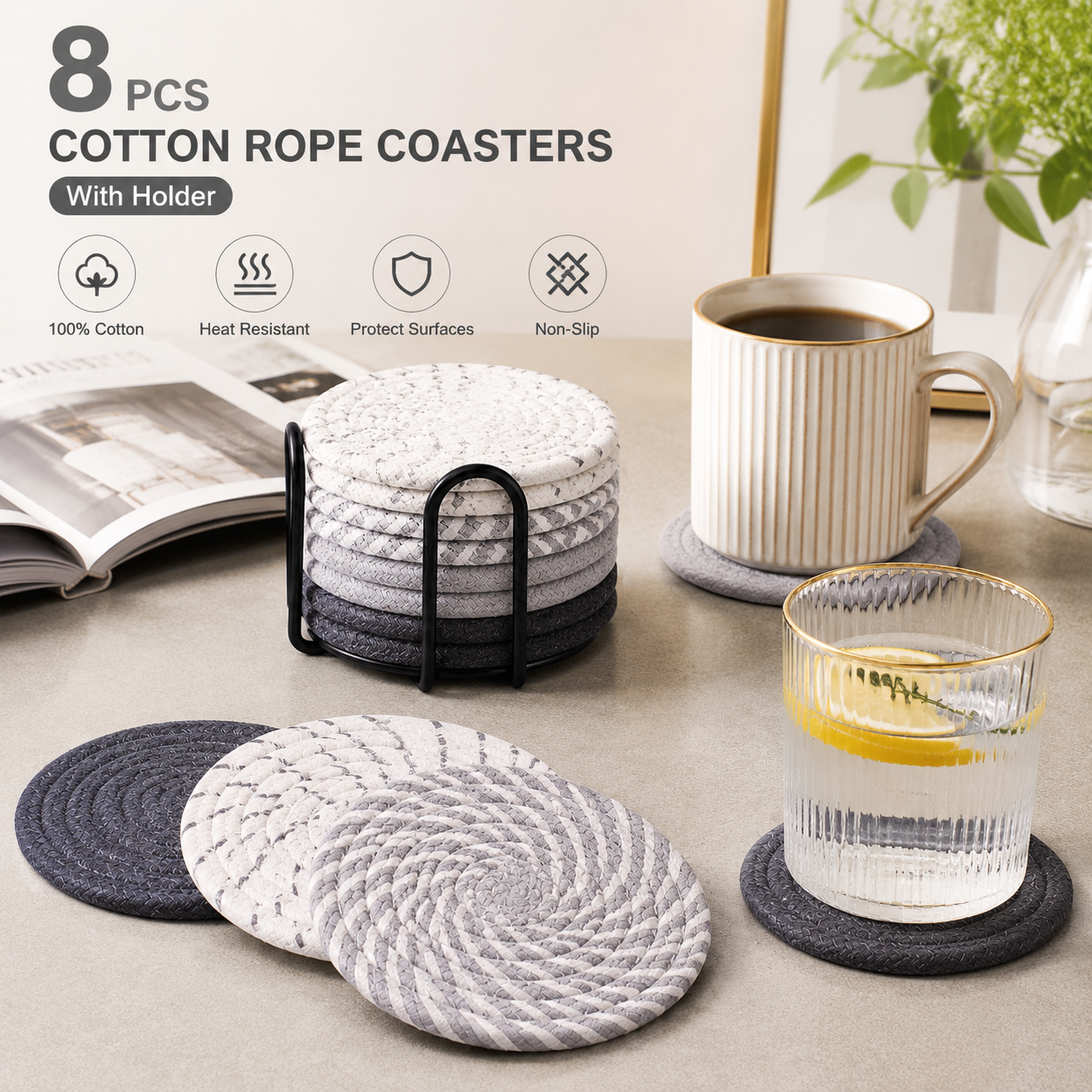 Gray tones 8 Piece Handmade Braided Cotton Coasters Set with Holder 4.3 Inch Round Absorbent Drink Coasters Heat Resistant Table Protection Cup Mats for Home